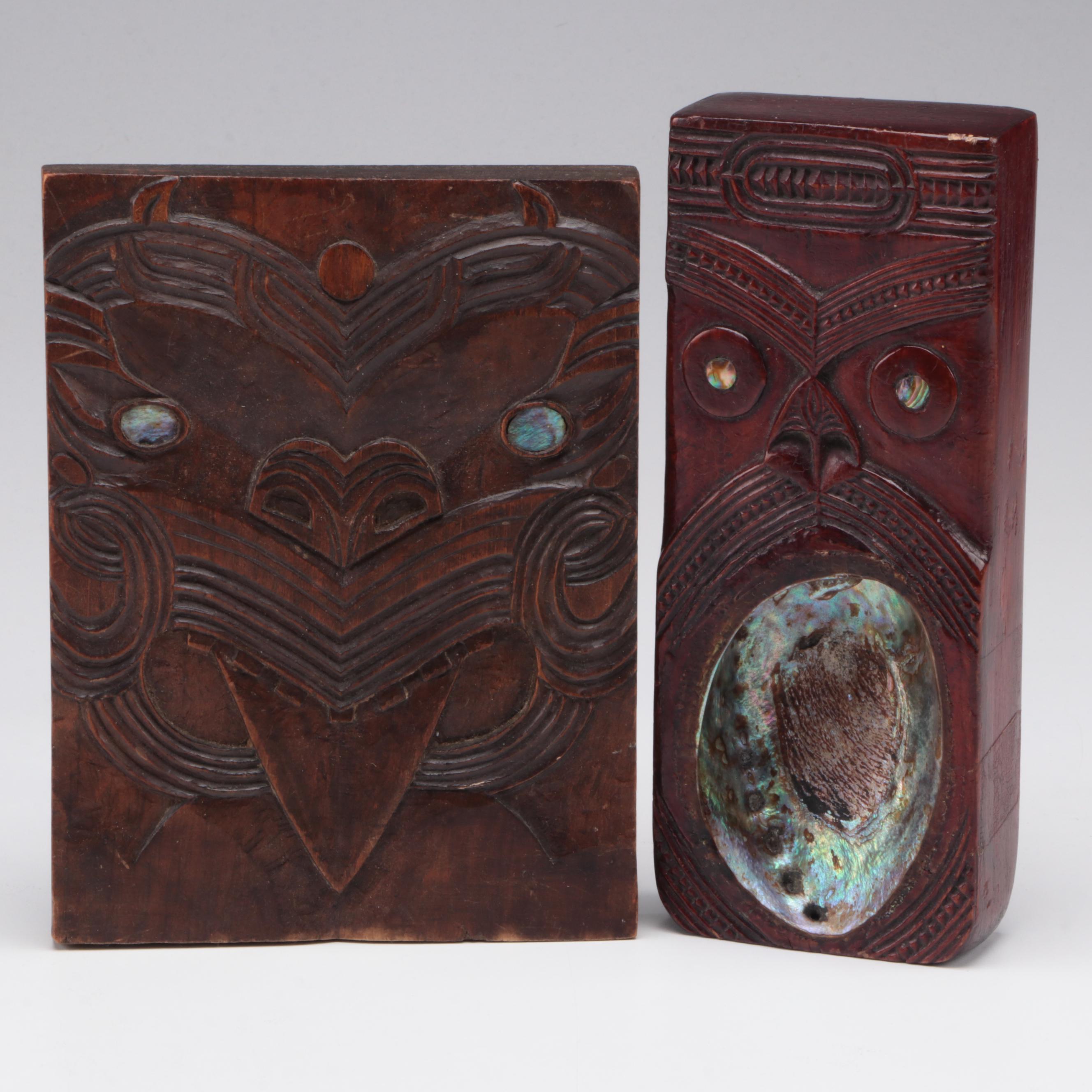 Two Antique Maori Carved Wood and Abalone Carvings