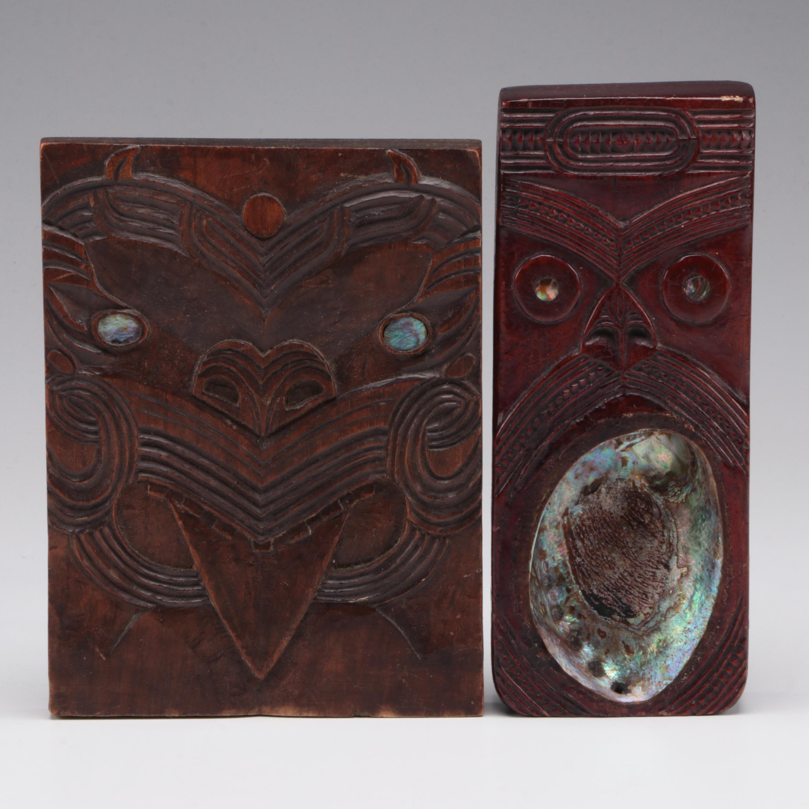 Two Antique Maori Carved Wood and Abalone Carvings
