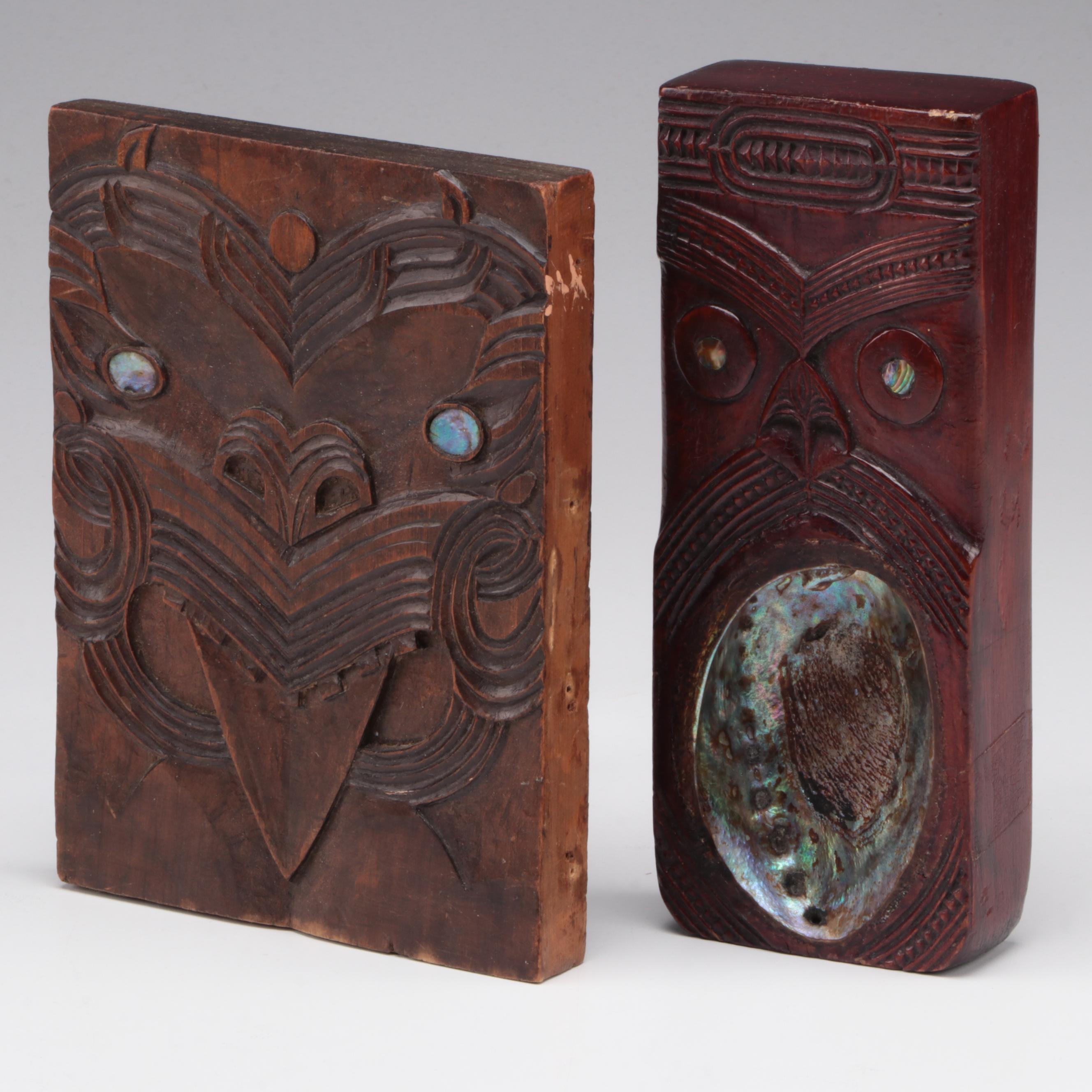 Two Antique Maori Carved Wood and Abalone Carvings