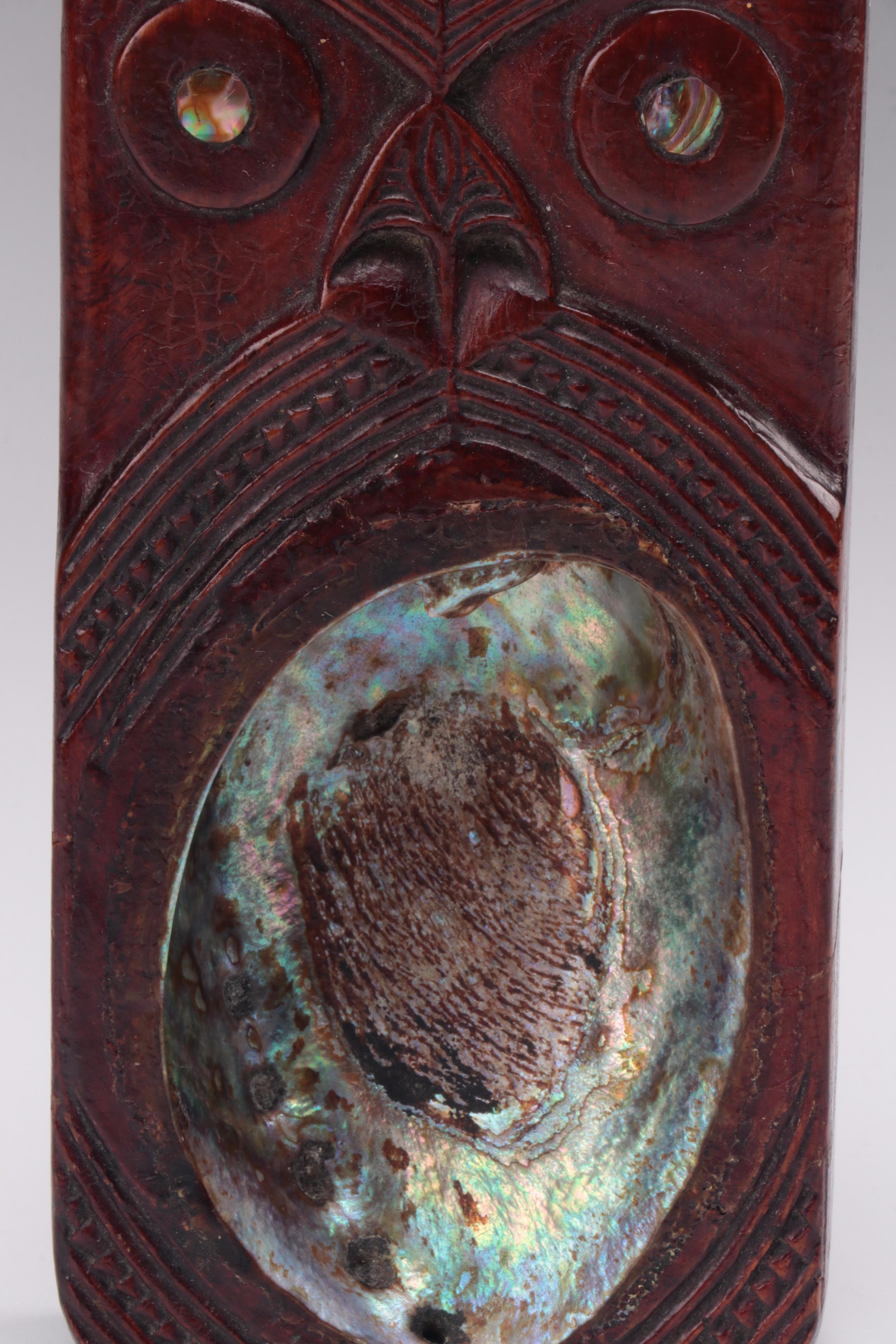 Two Antique Maori Carved Wood and Abalone Carvings