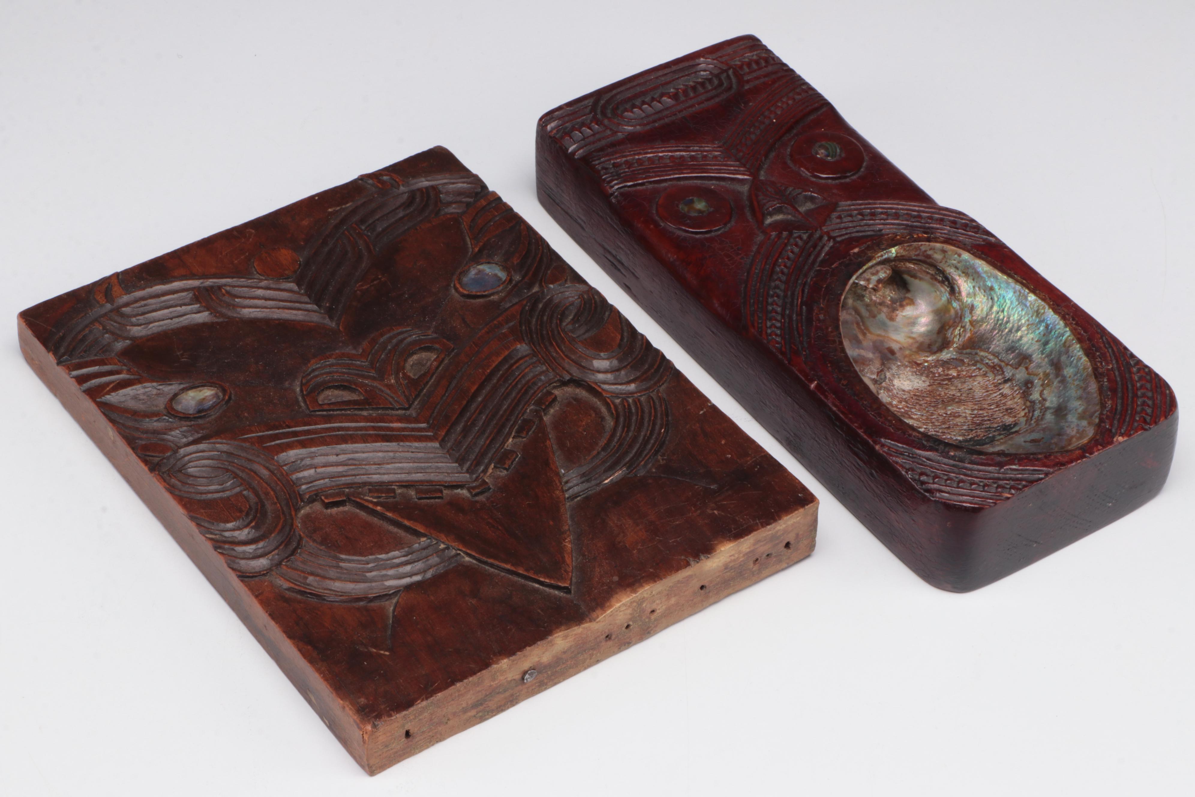 Two Antique Maori Carved Wood and Abalone Carvings