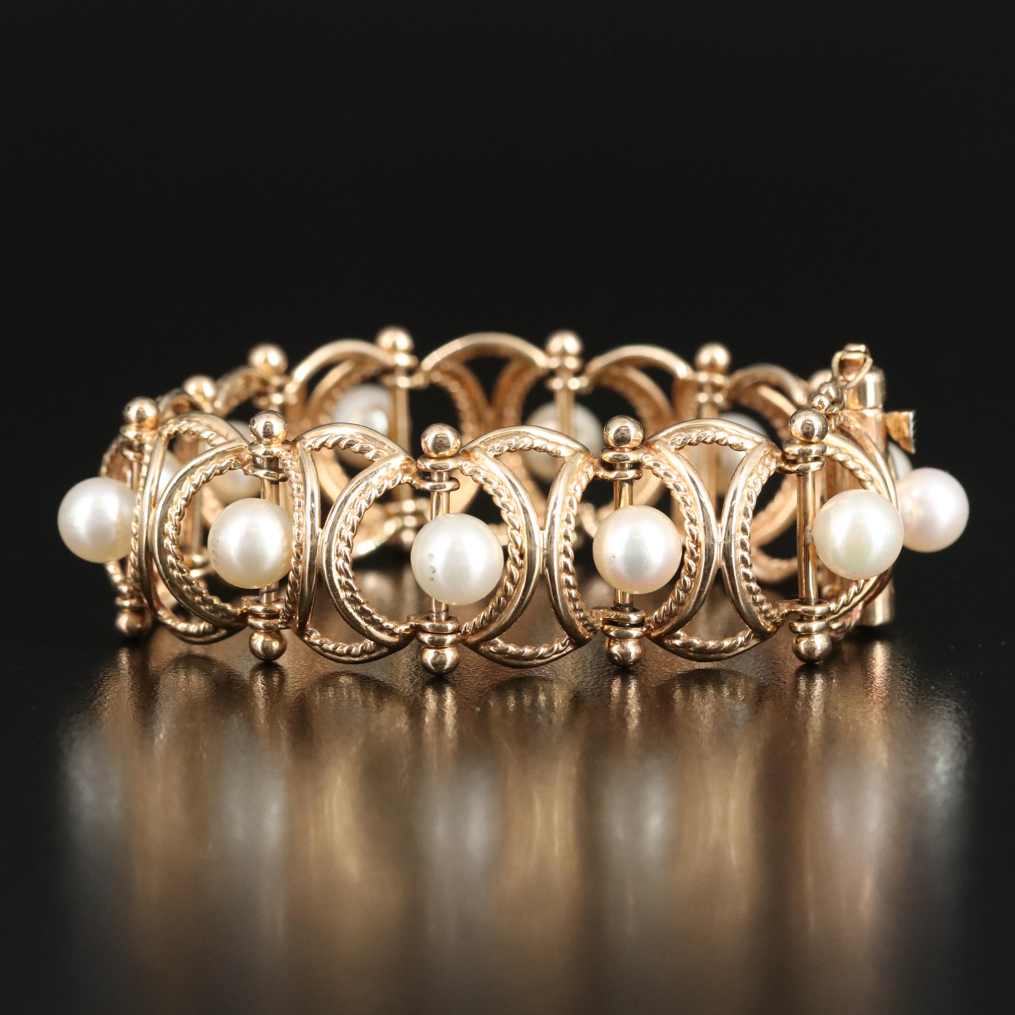 14K Pearl Bracelet with Braided Panels