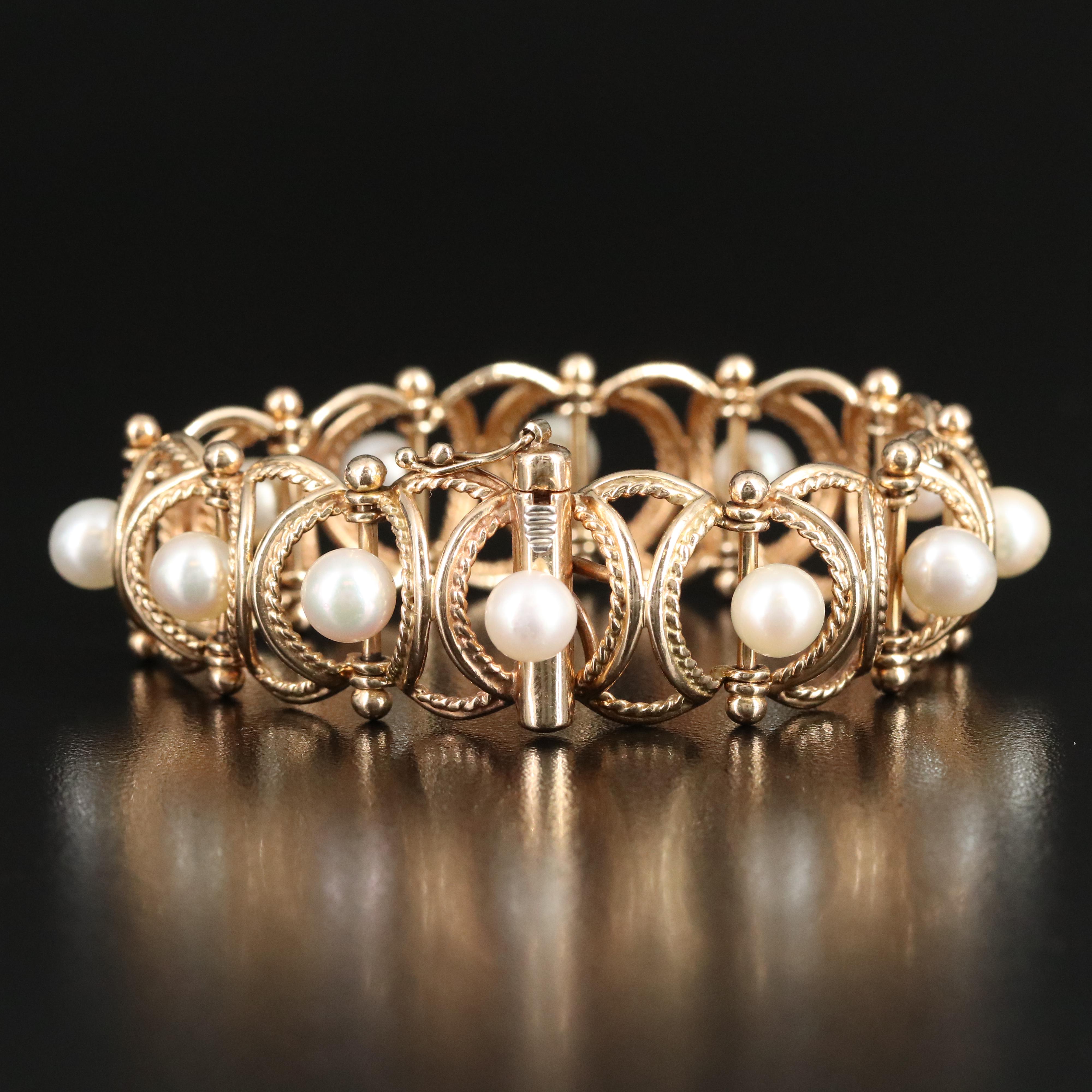 14K Pearl Bracelet with Braided Panels