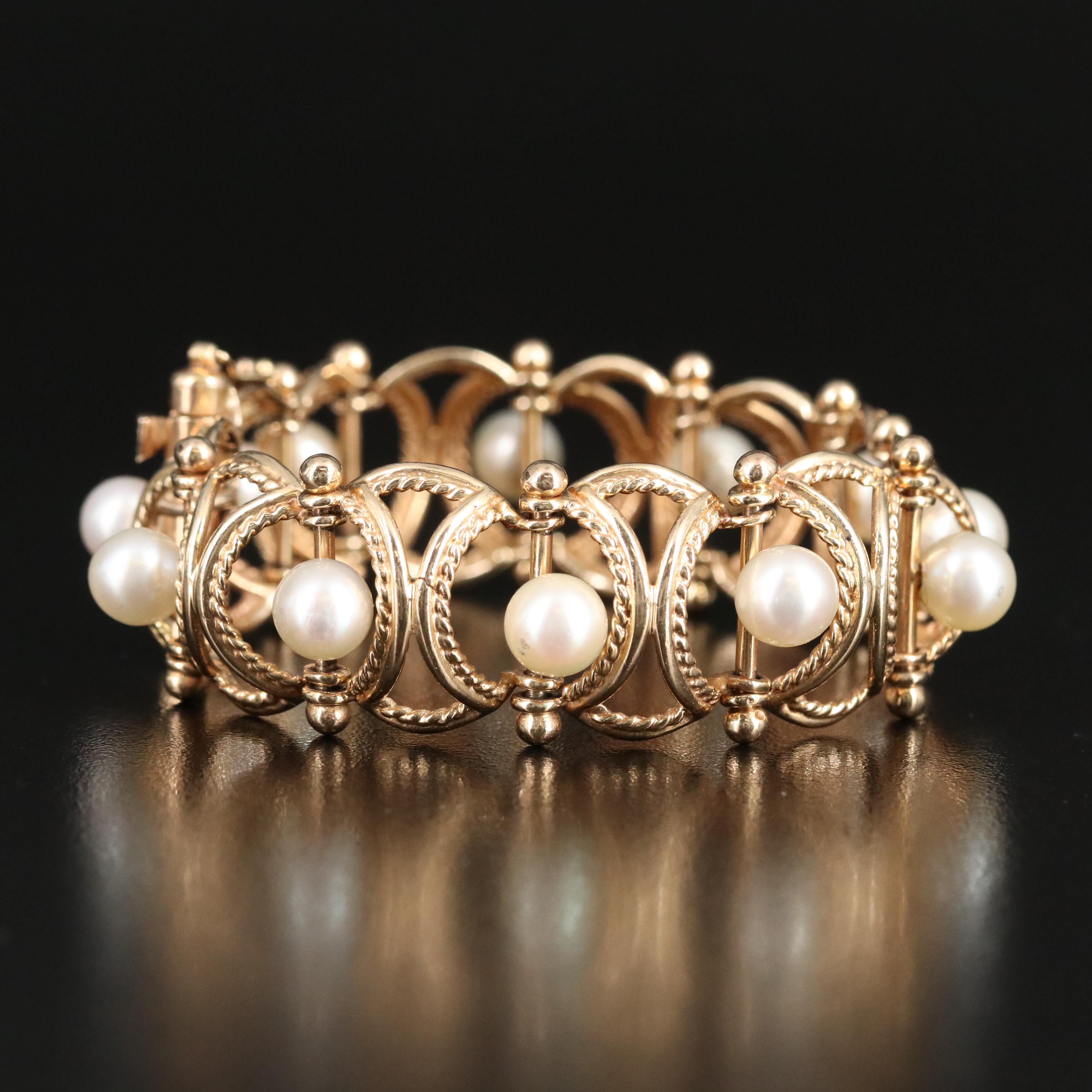 14K Pearl Bracelet with Braided Panels