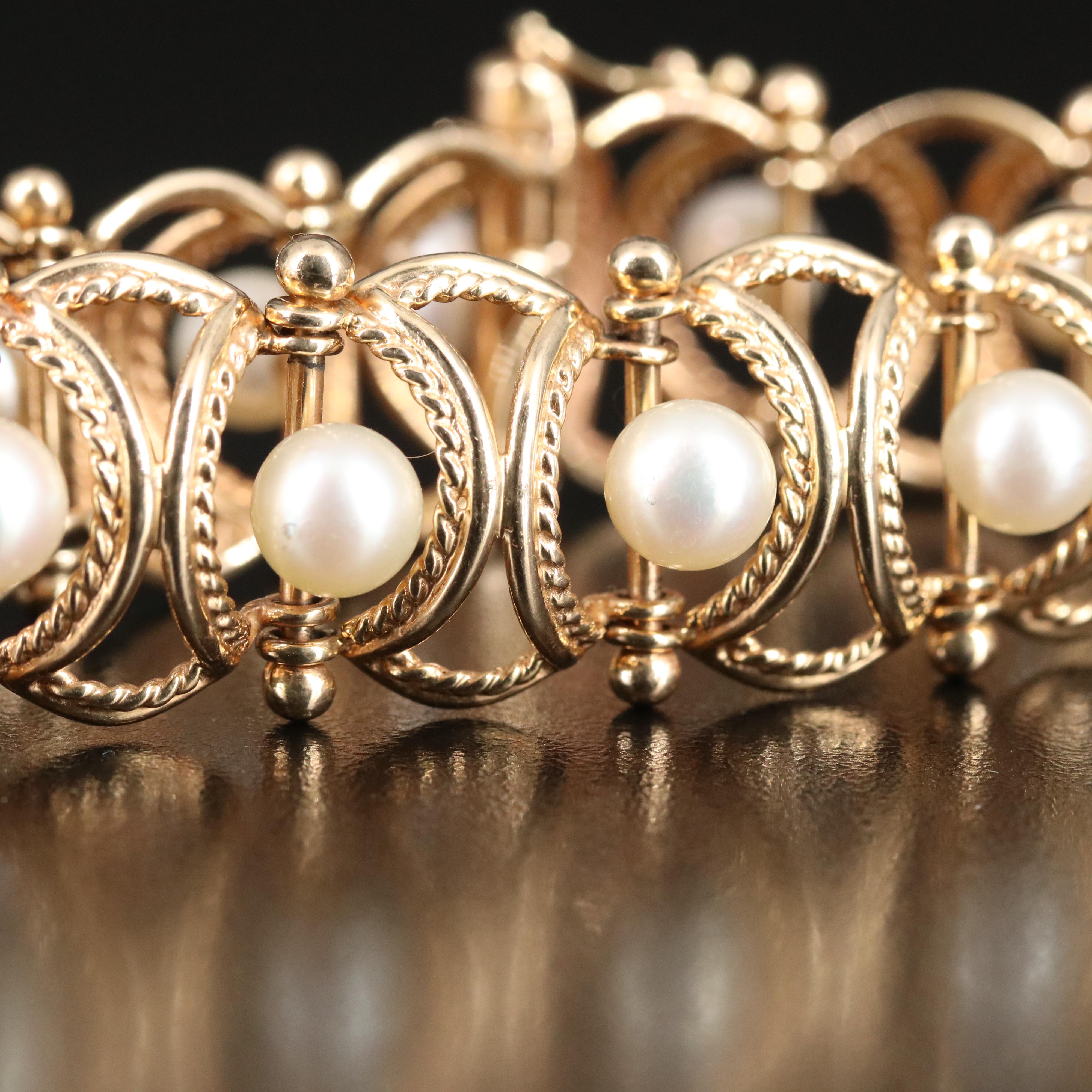 14K Pearl Bracelet with Braided Panels
