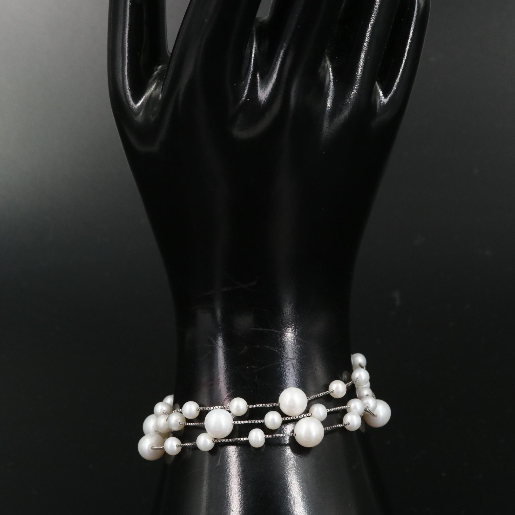 Sterling Pearl Multi Strand Station Bracelet