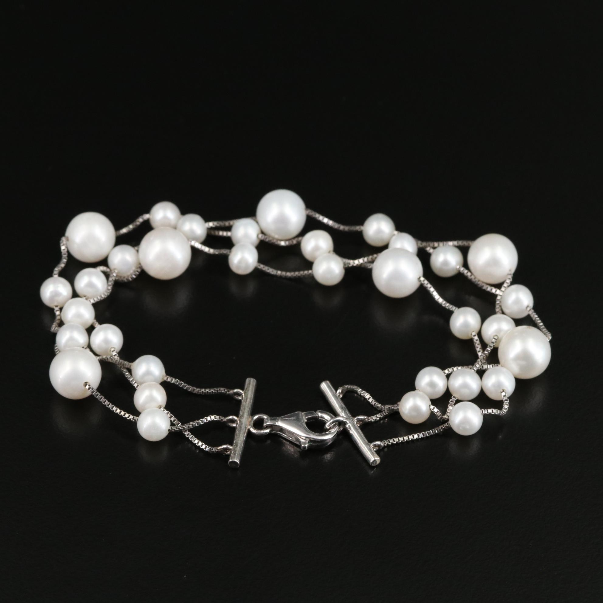 Sterling Pearl Multi Strand Station Bracelet