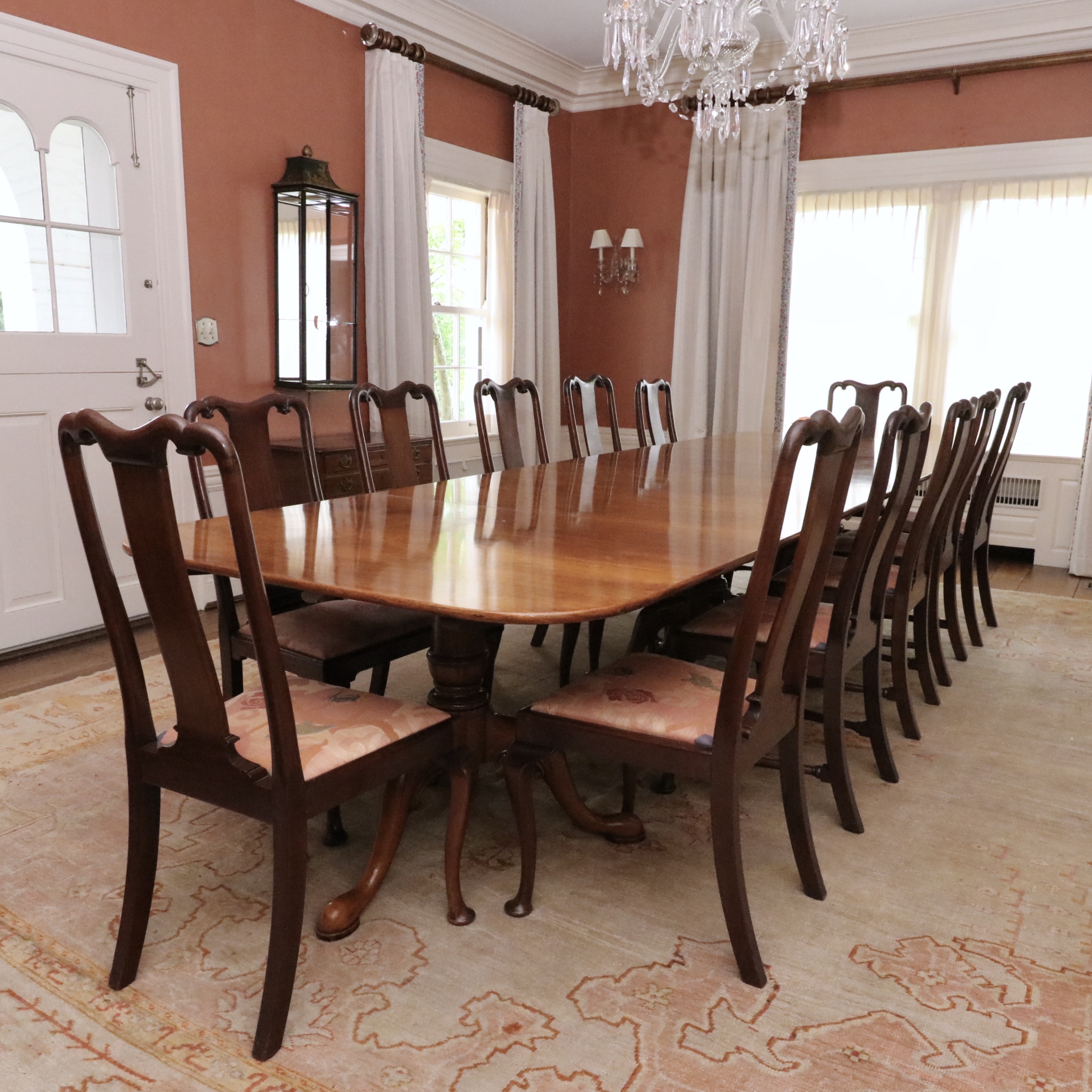 Queen Anne Style Three-Pedestal Mahogany Dining Table and Twelve Chairs