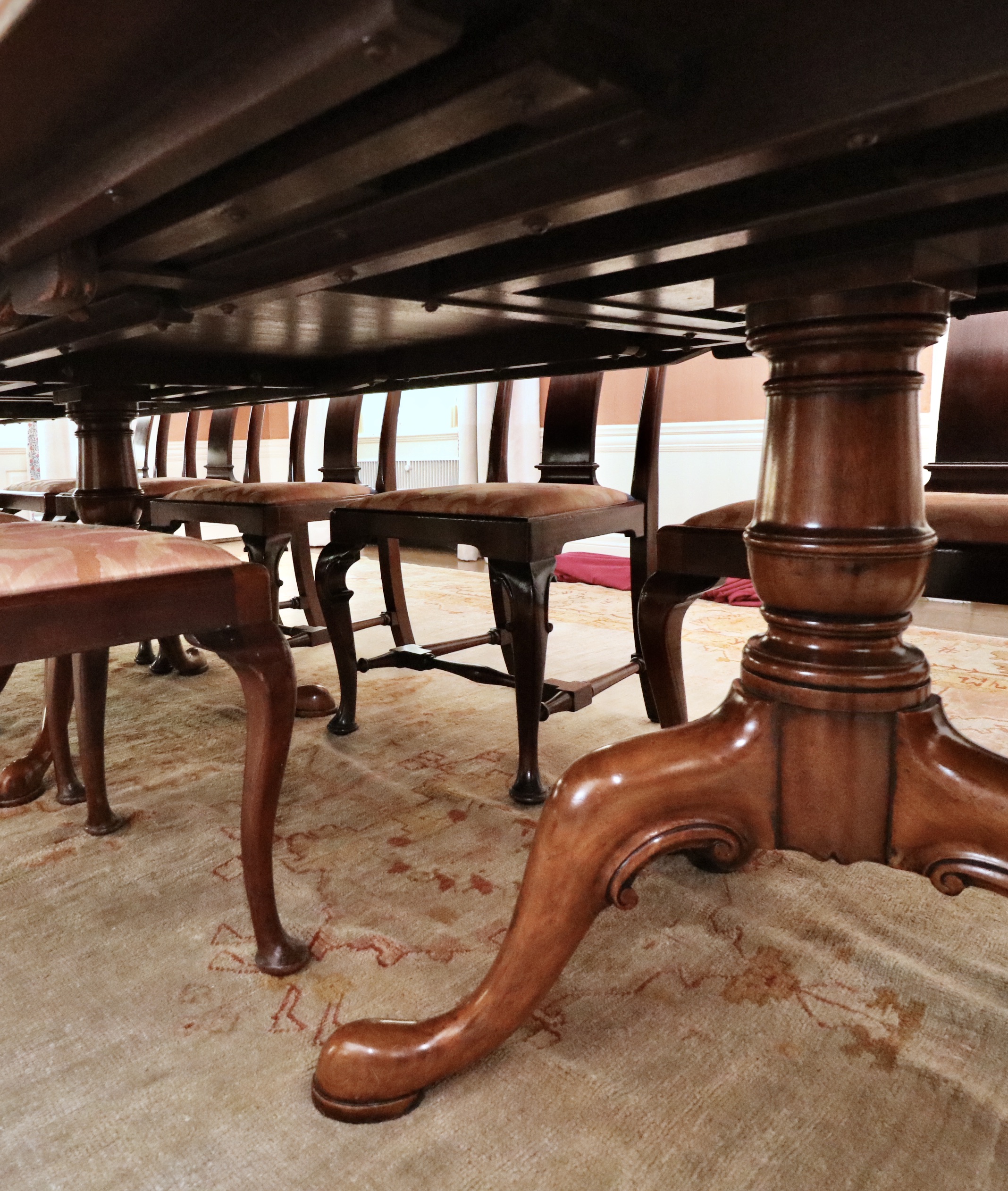 Queen Anne Style Three-Pedestal Mahogany Dining Table and Twelve Chairs