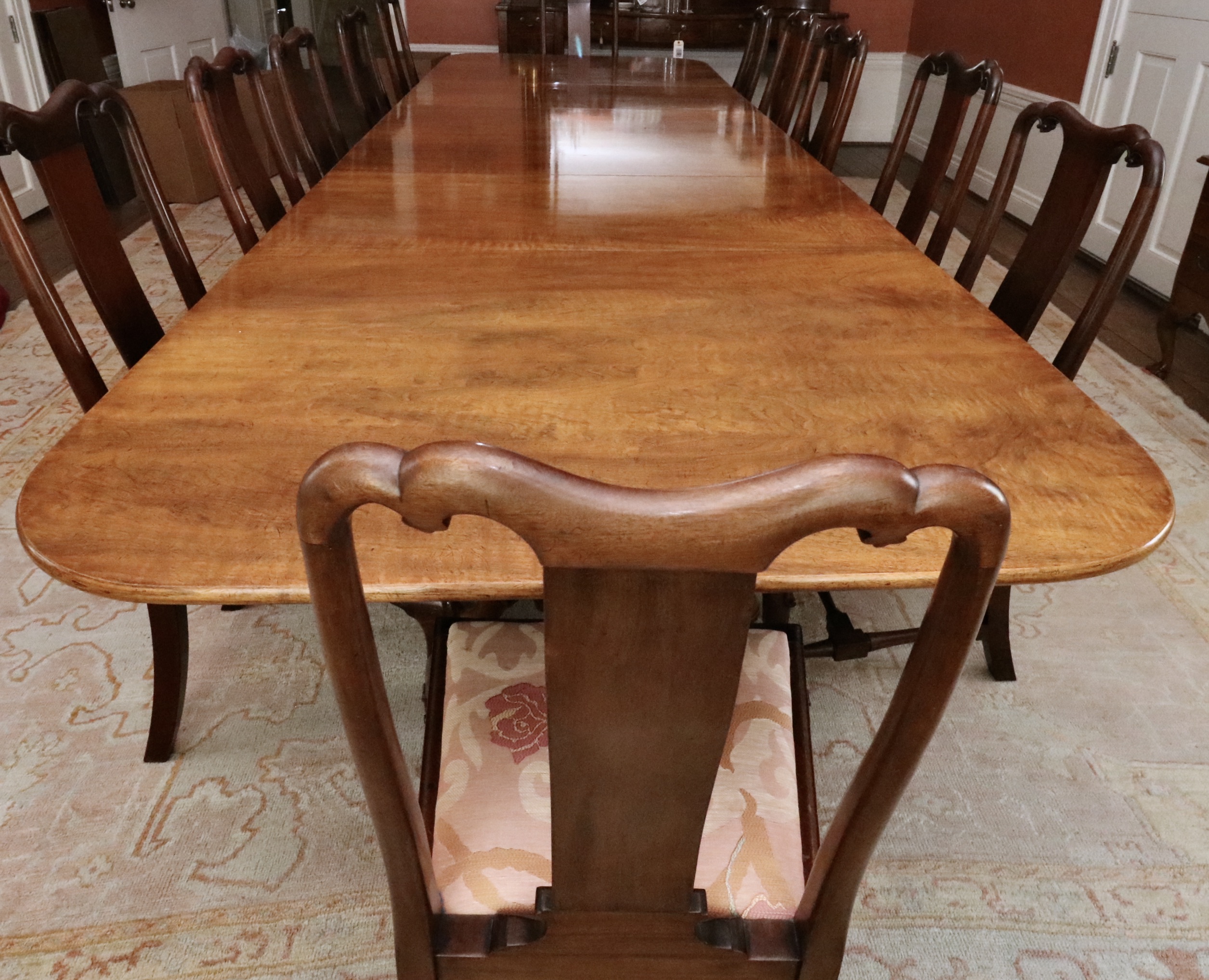 Queen Anne Style Three-Pedestal Mahogany Dining Table and Twelve Chairs