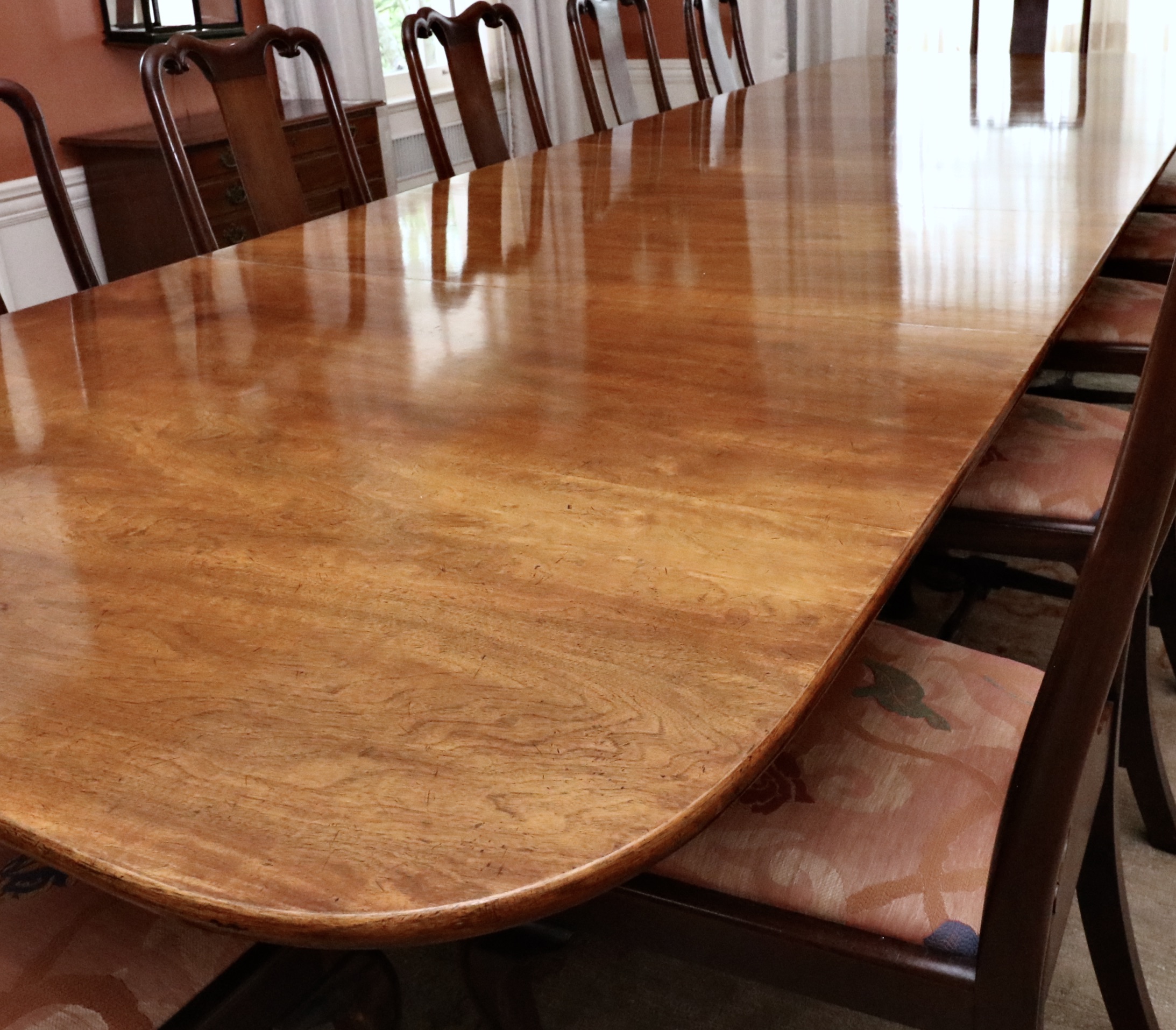 Queen Anne Style Three-Pedestal Mahogany Dining Table and Twelve Chairs