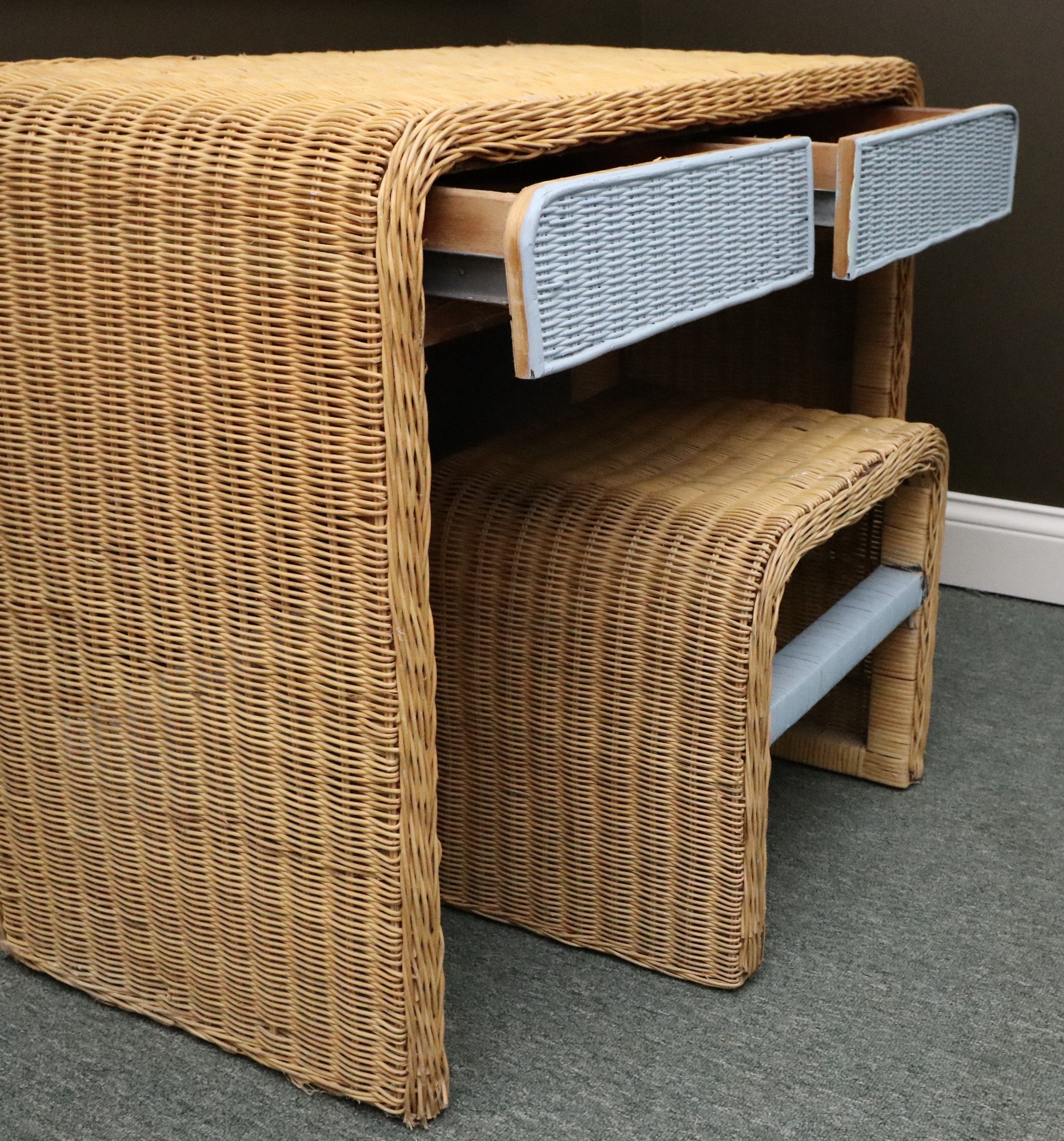 Natural and Accent-Painted Wicker Vanity Table and Stool