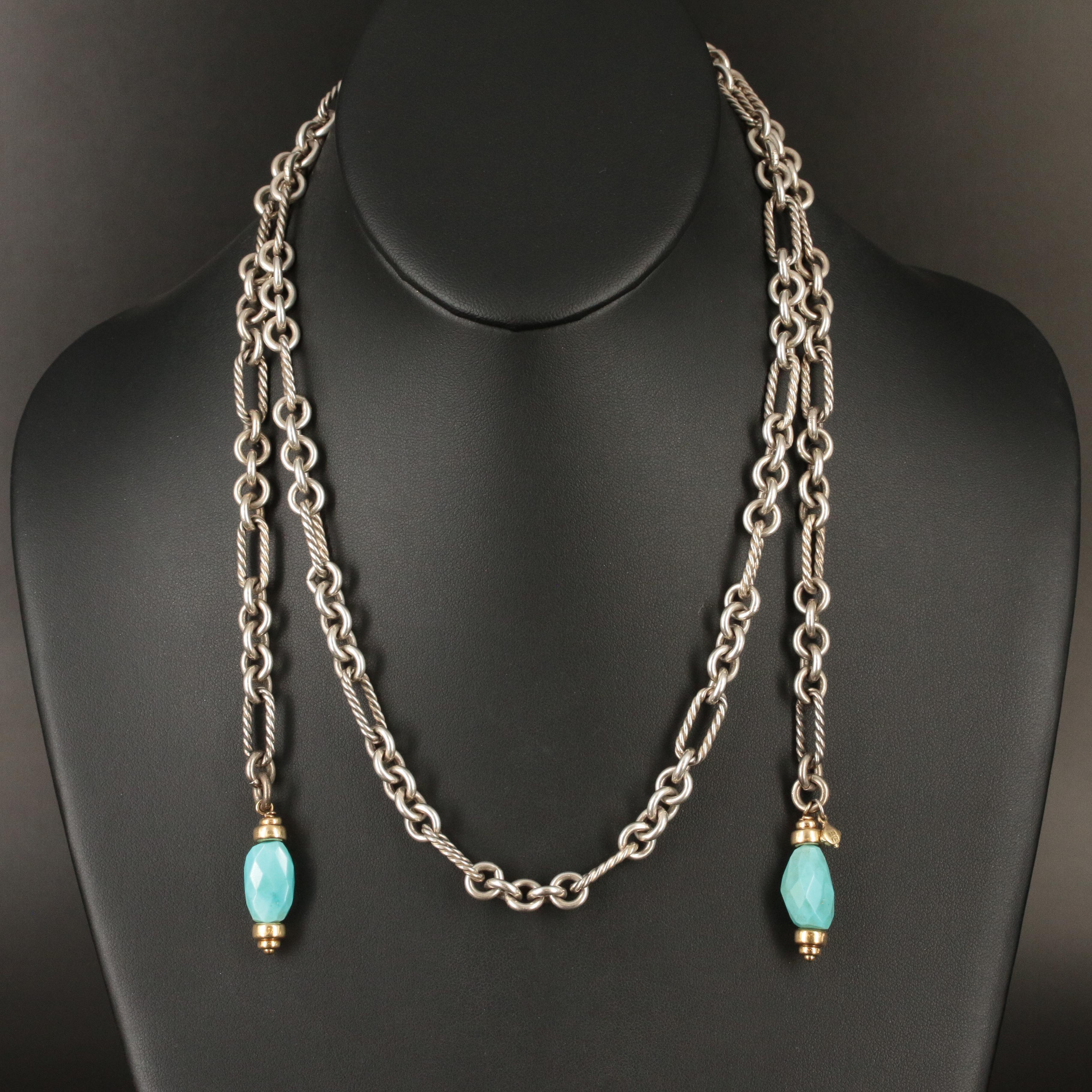 David Yurman Sterling Turquoise Beaded Figaro Lariat Necklace with 18K Accents