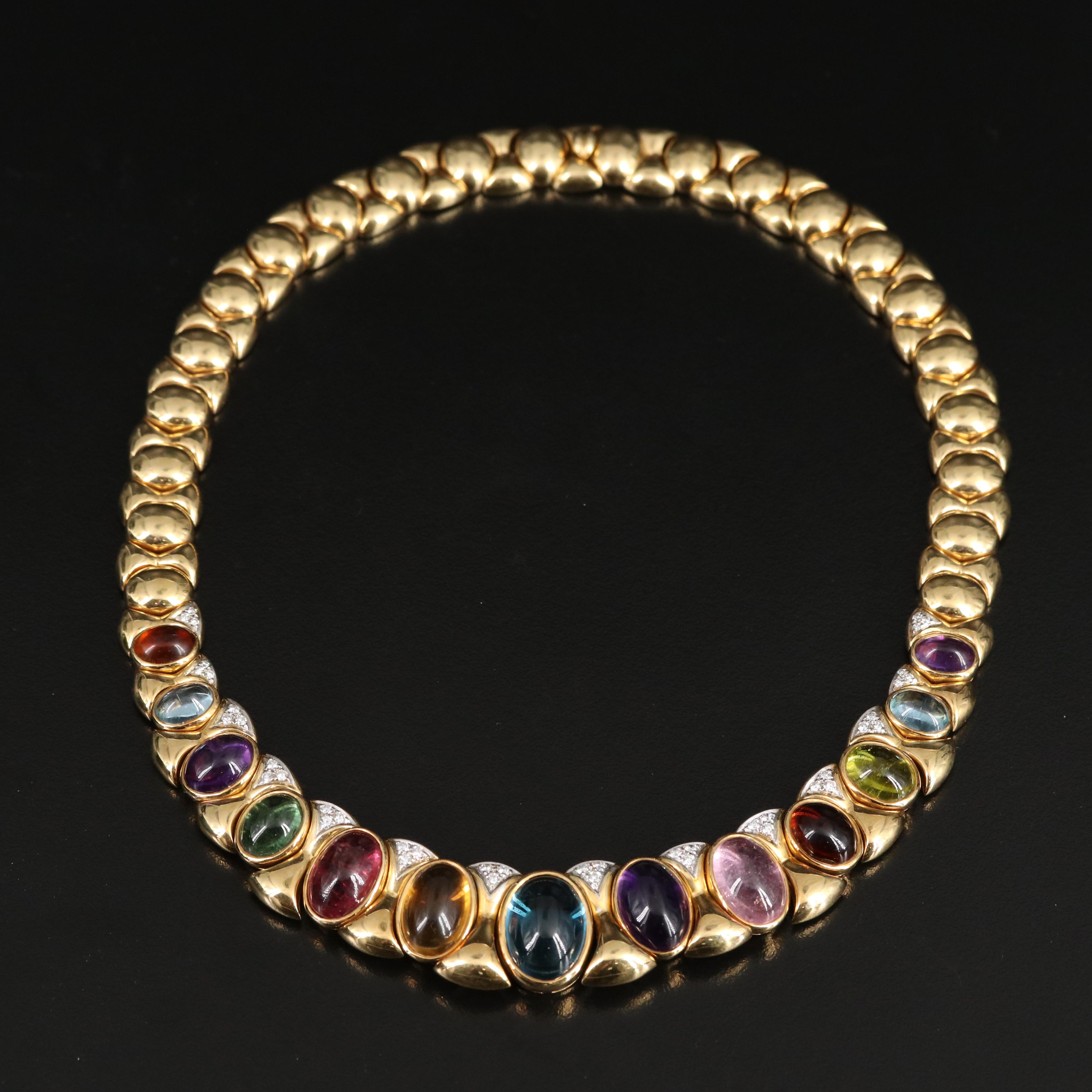 Italian 18K 12.00 CT Topaz, Amethyst, Diamond and Gemstone Collar Necklace