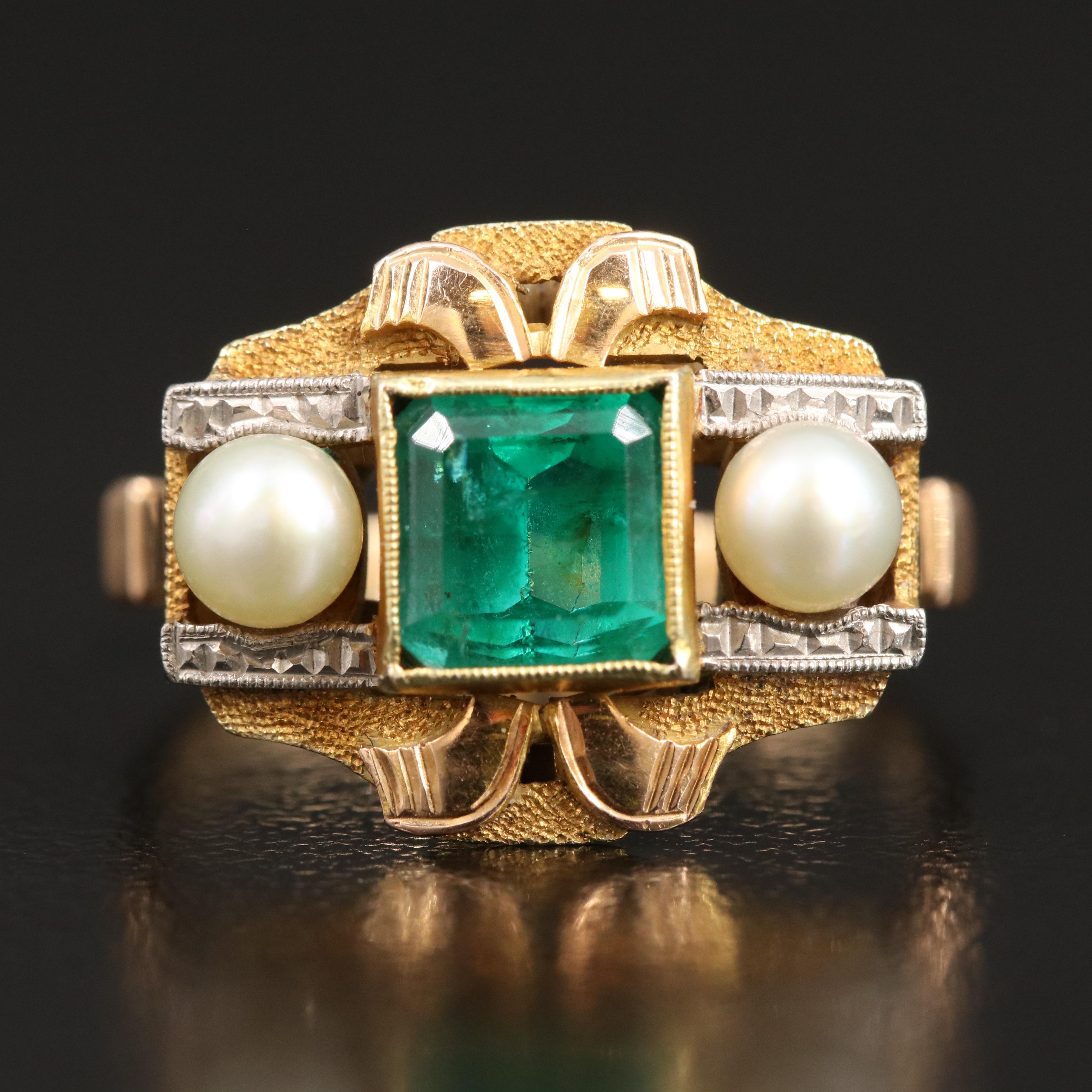 Vintage 18K 1.34 CT Emerald and Pearl Ring