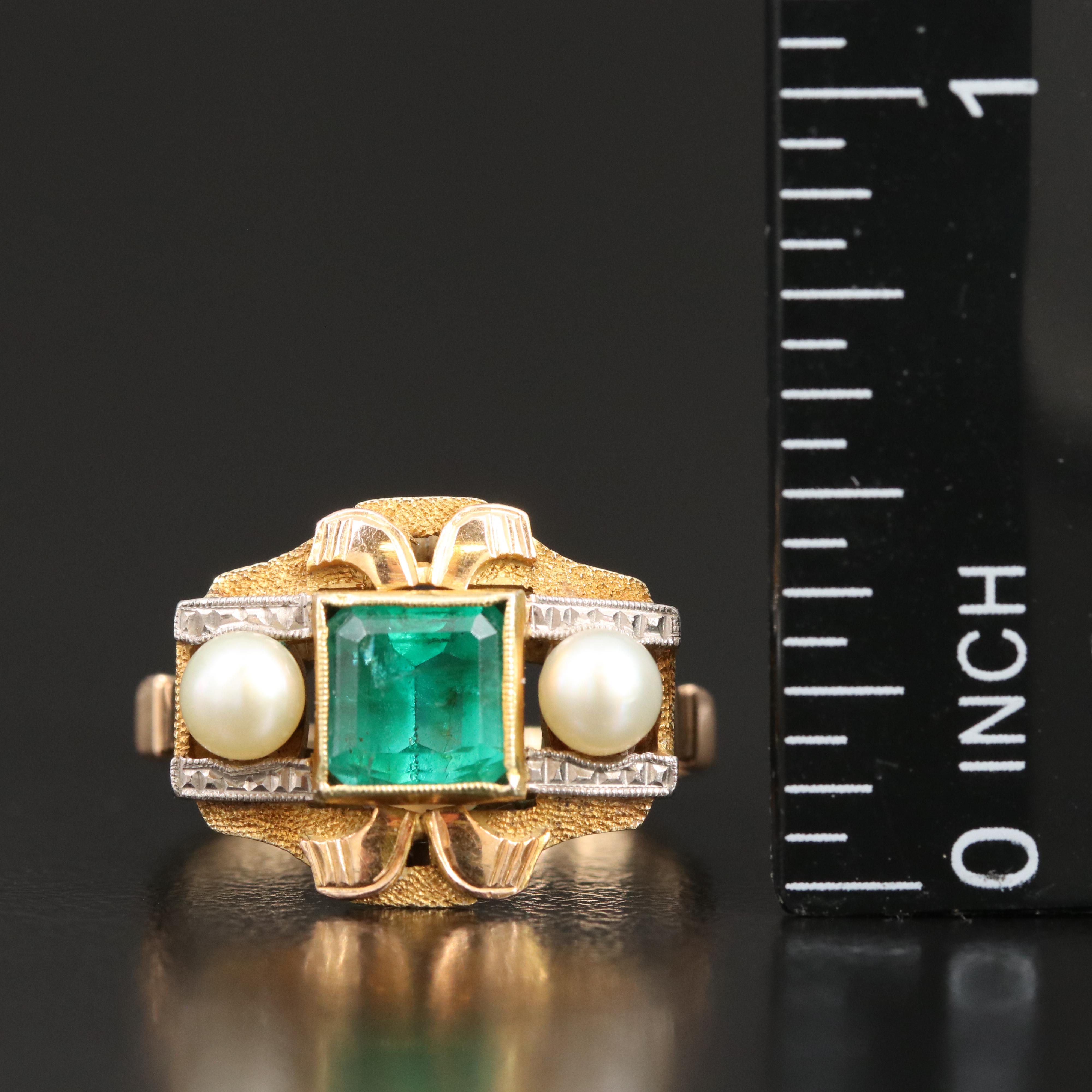 Vintage 18K 1.34 CT Emerald and Pearl Ring
