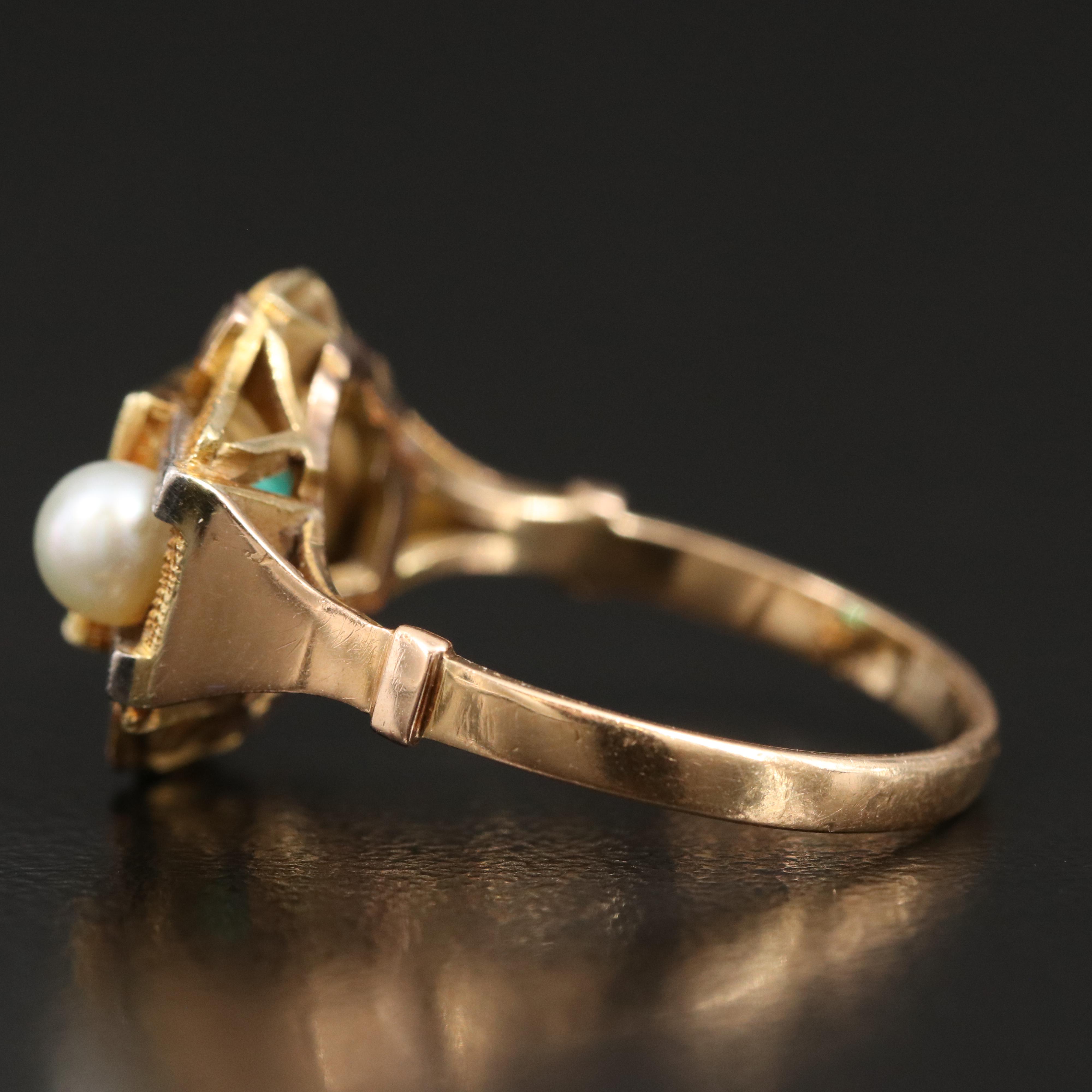 Vintage 18K 1.34 CT Emerald and Pearl Ring