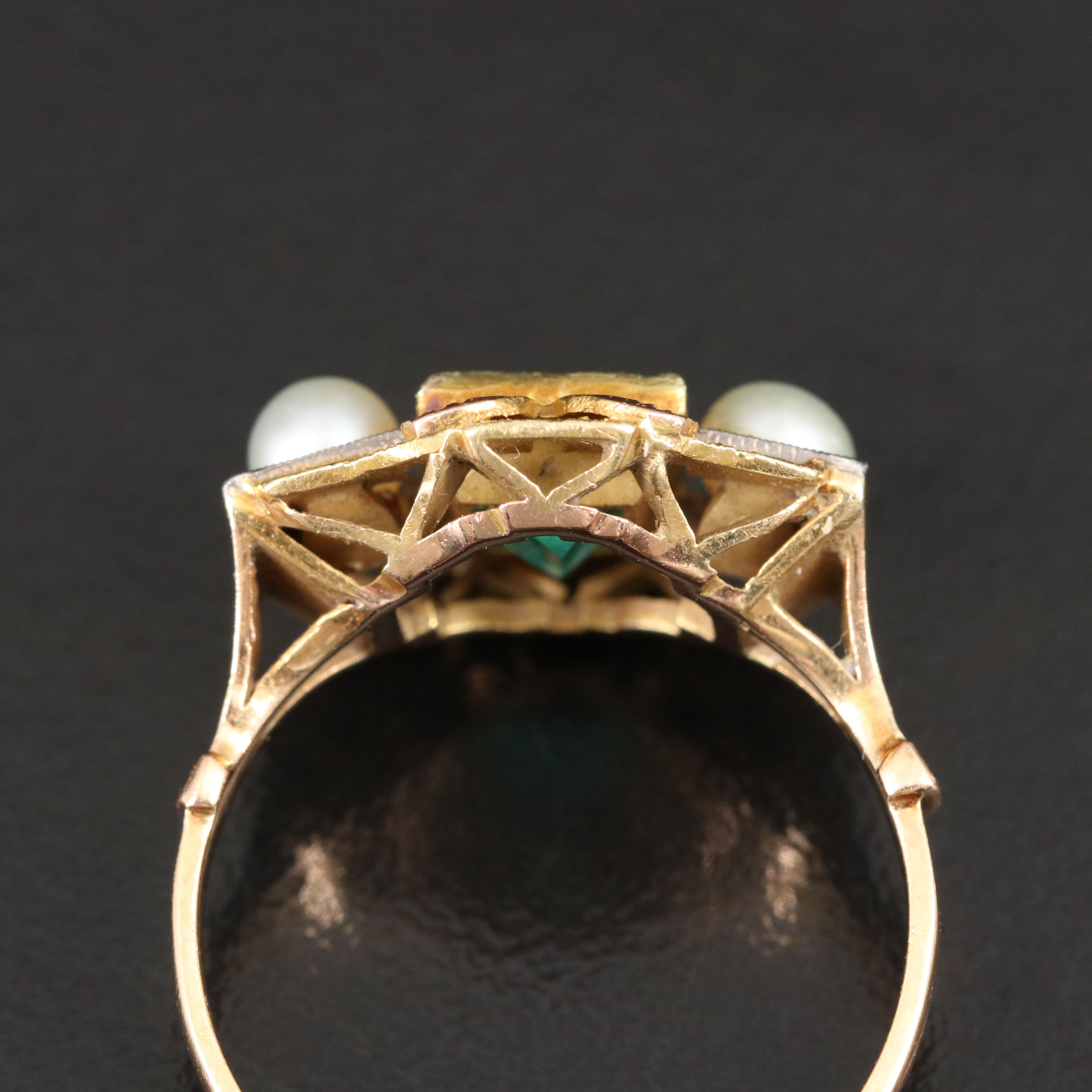 Vintage 18K 1.34 CT Emerald and Pearl Ring