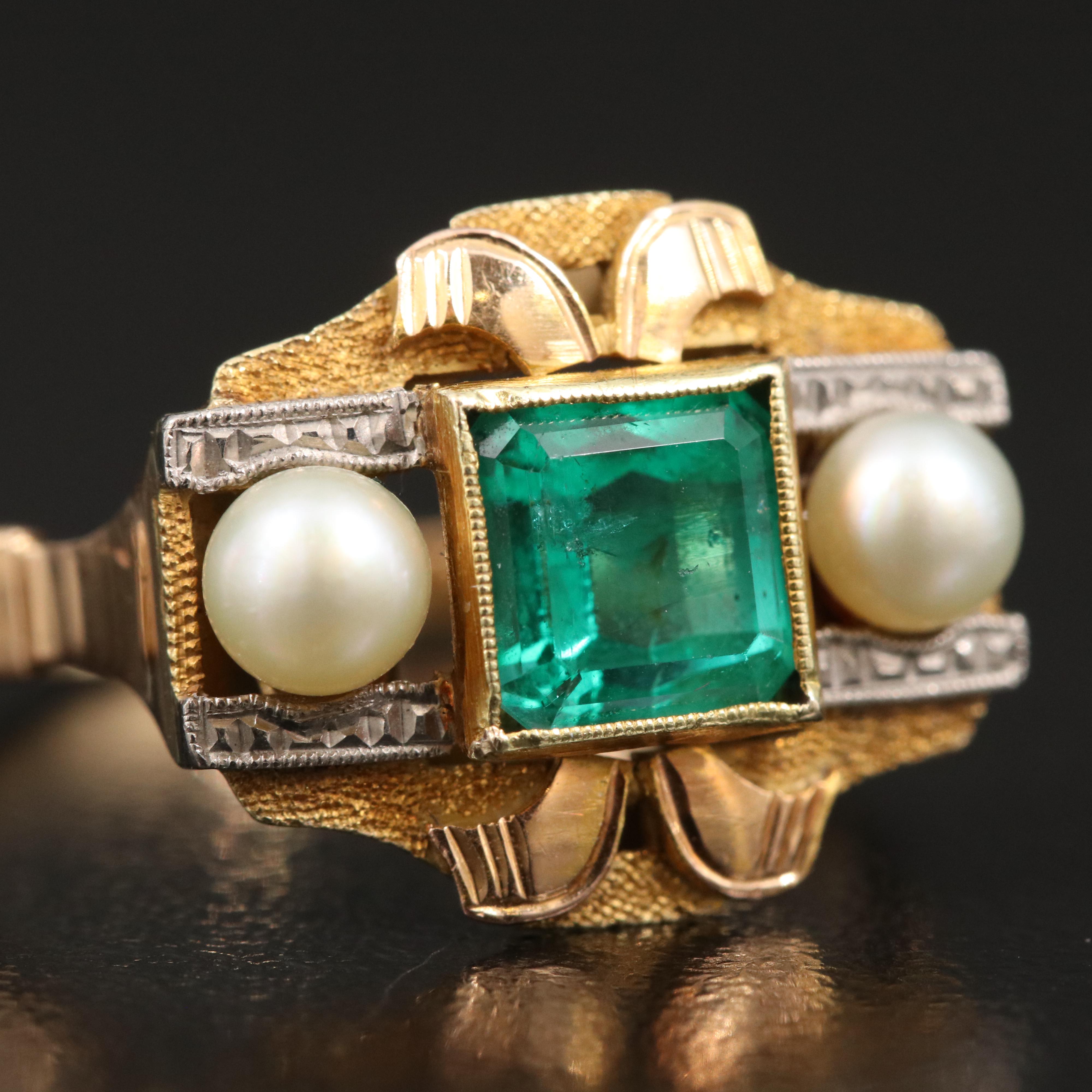 Vintage 18K 1.34 CT Emerald and Pearl Ring