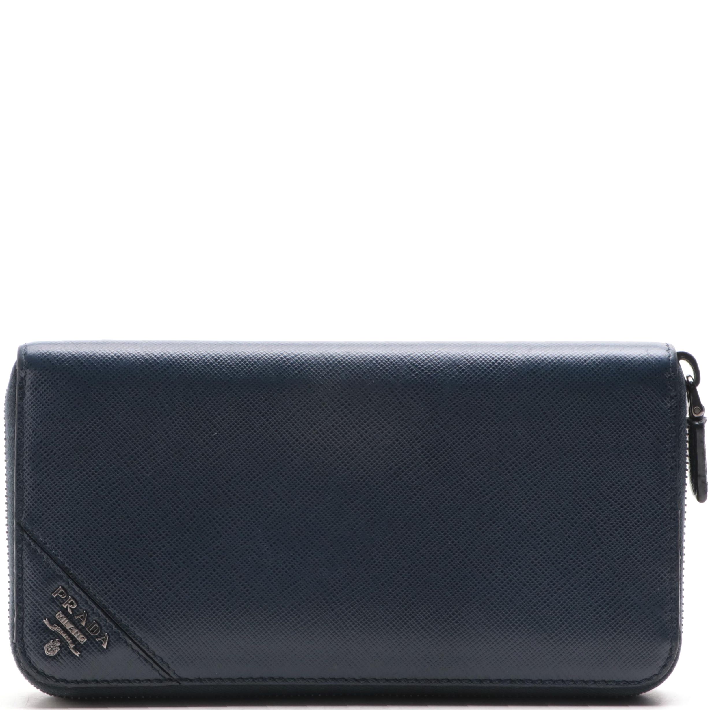 Prada Zip Around Wallet in Navy Saffiano Leather