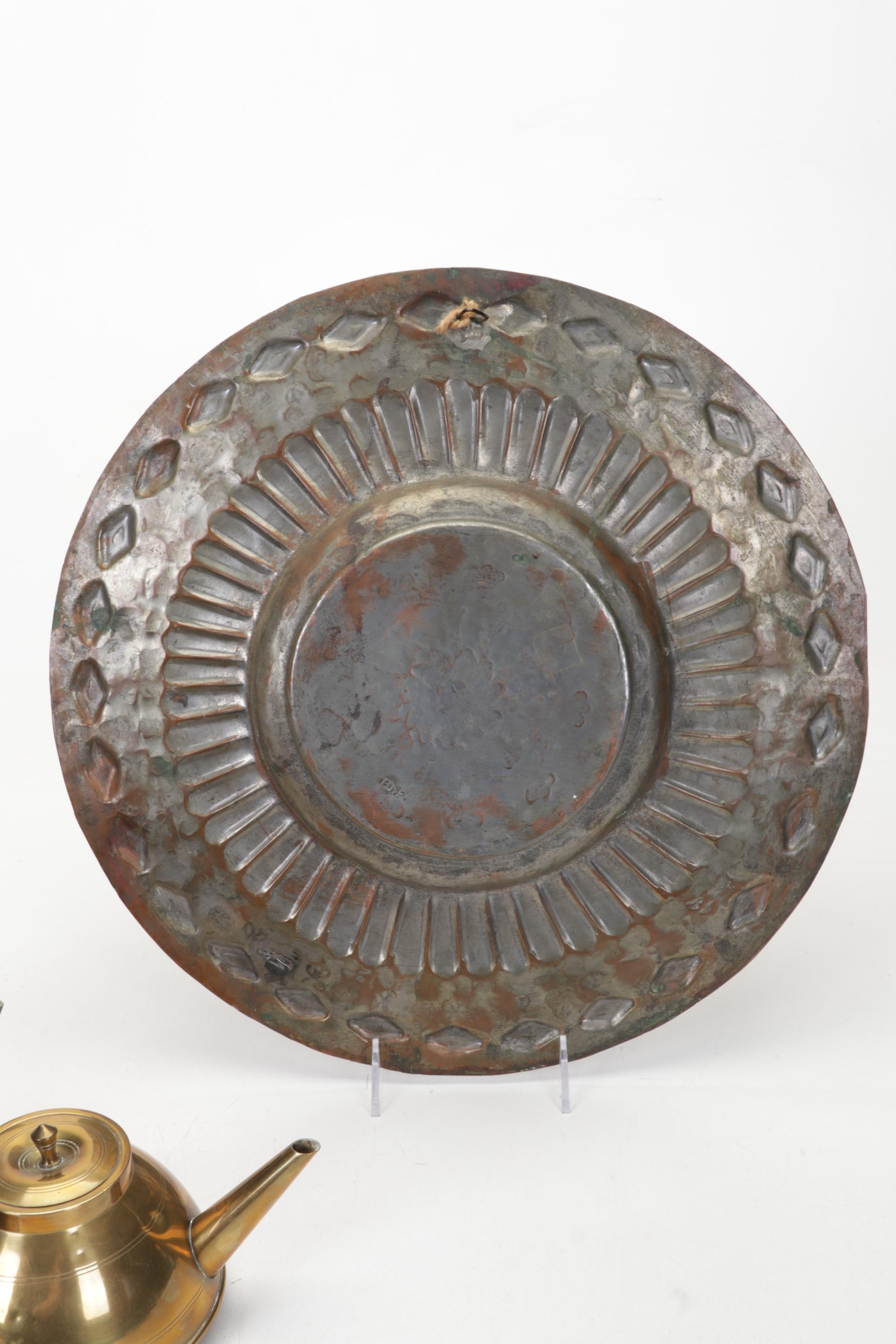Brass, Copper, Metal Decor Featuring Kettles, Charger and Leather-Handled Epees