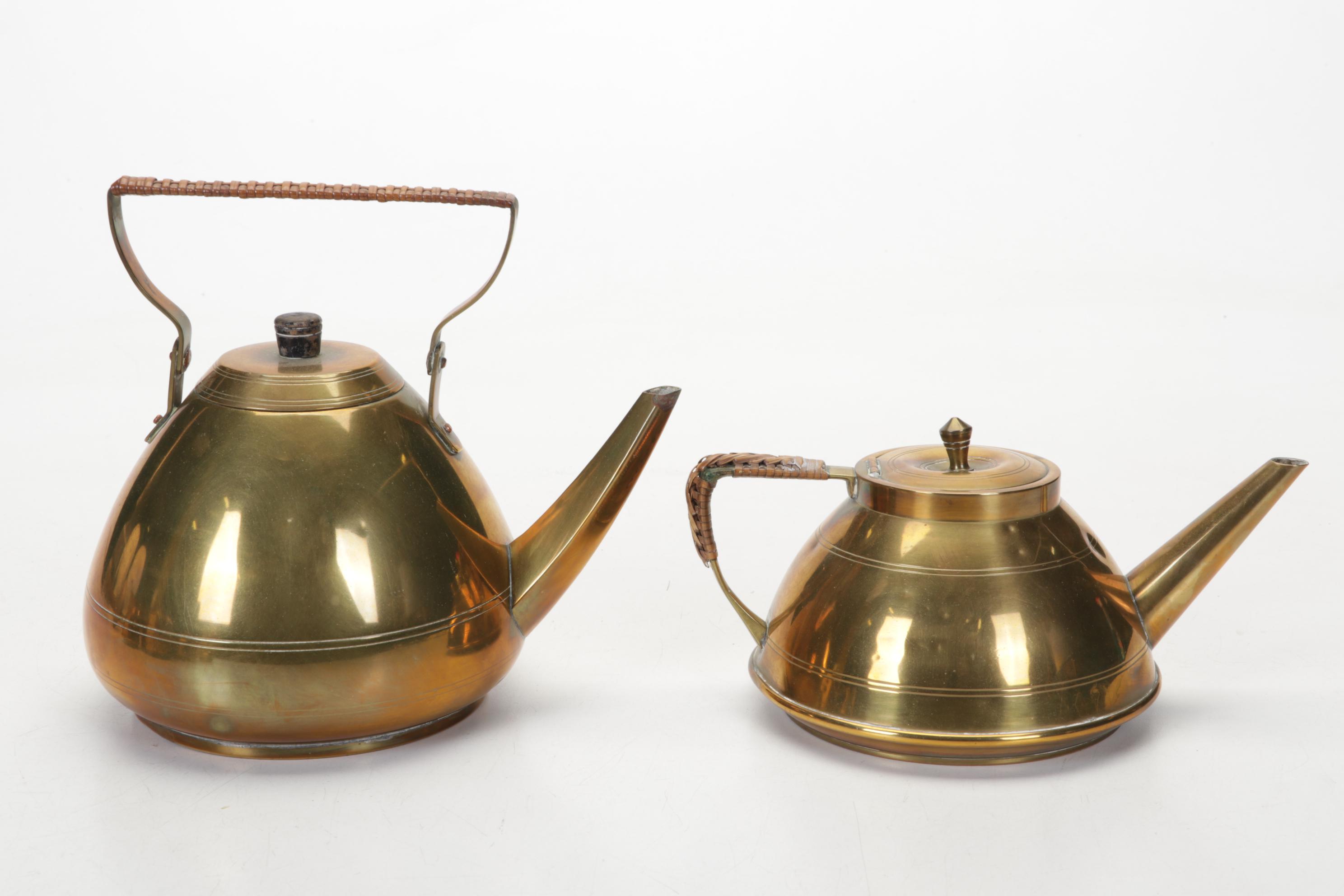 Brass, Copper, Metal Decor Featuring Kettles, Charger and Leather-Handled Epees