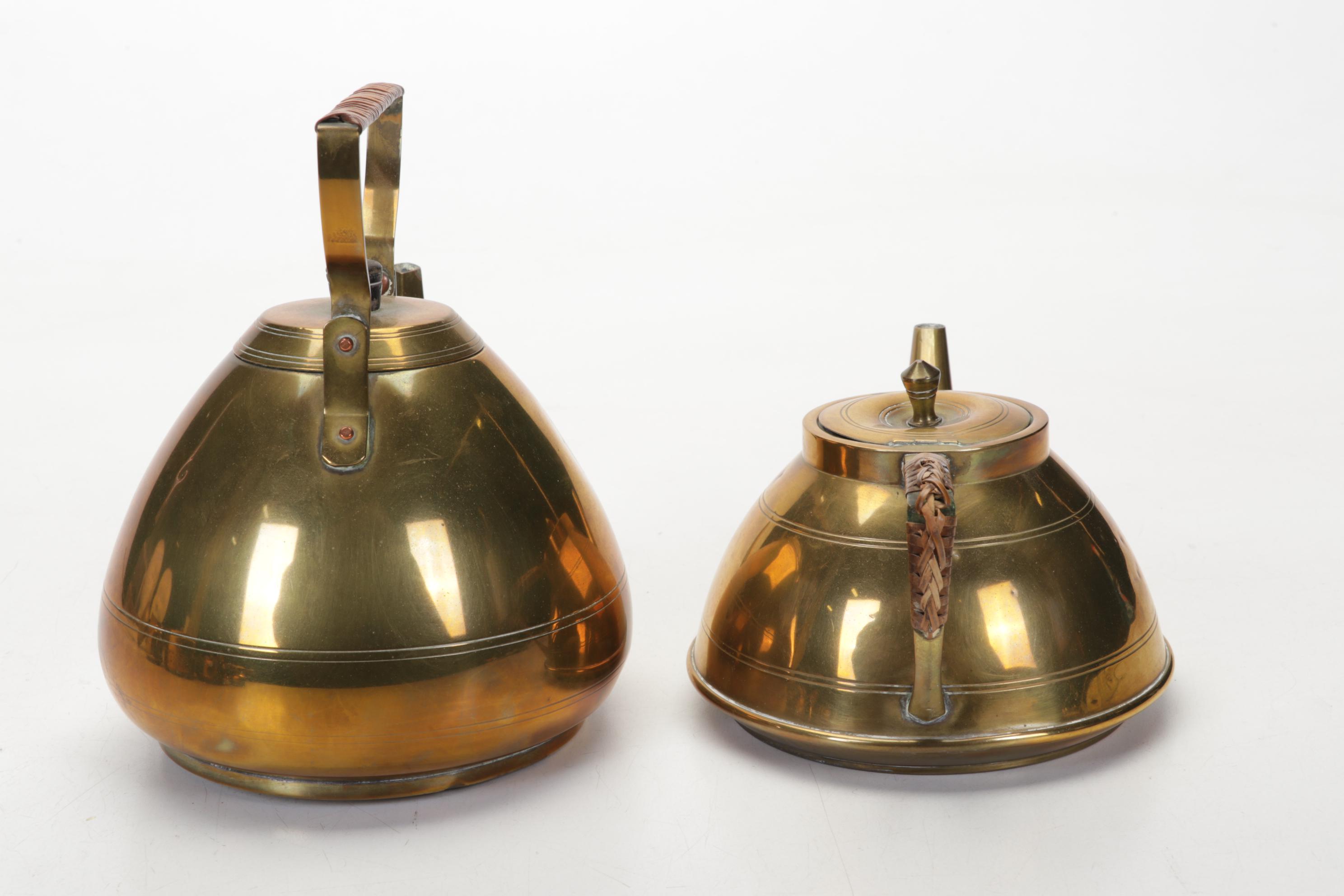 Brass, Copper, Metal Decor Featuring Kettles, Charger and Leather-Handled Epees