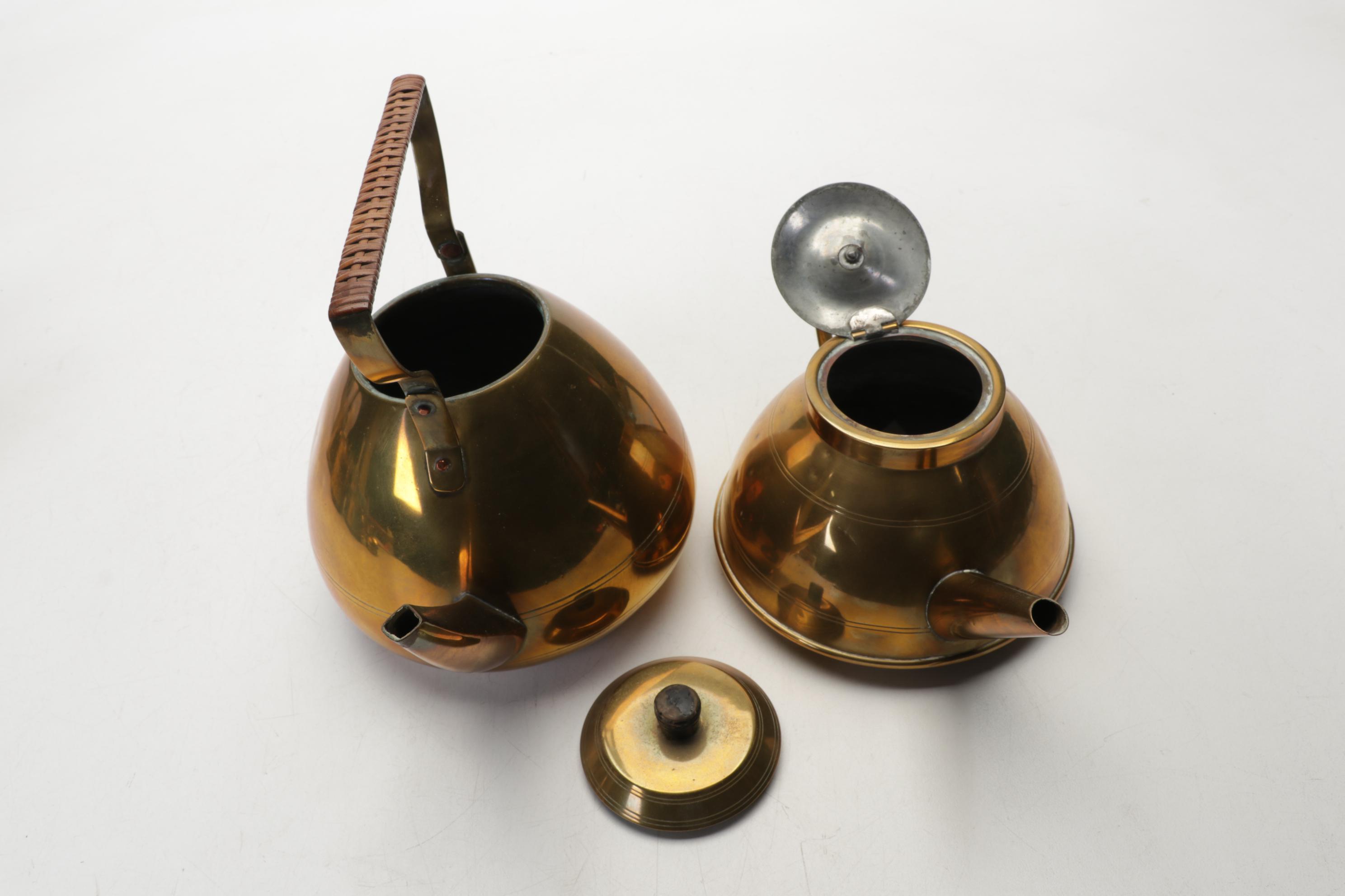 Brass, Copper, Metal Decor Featuring Kettles, Charger and Leather-Handled Epees