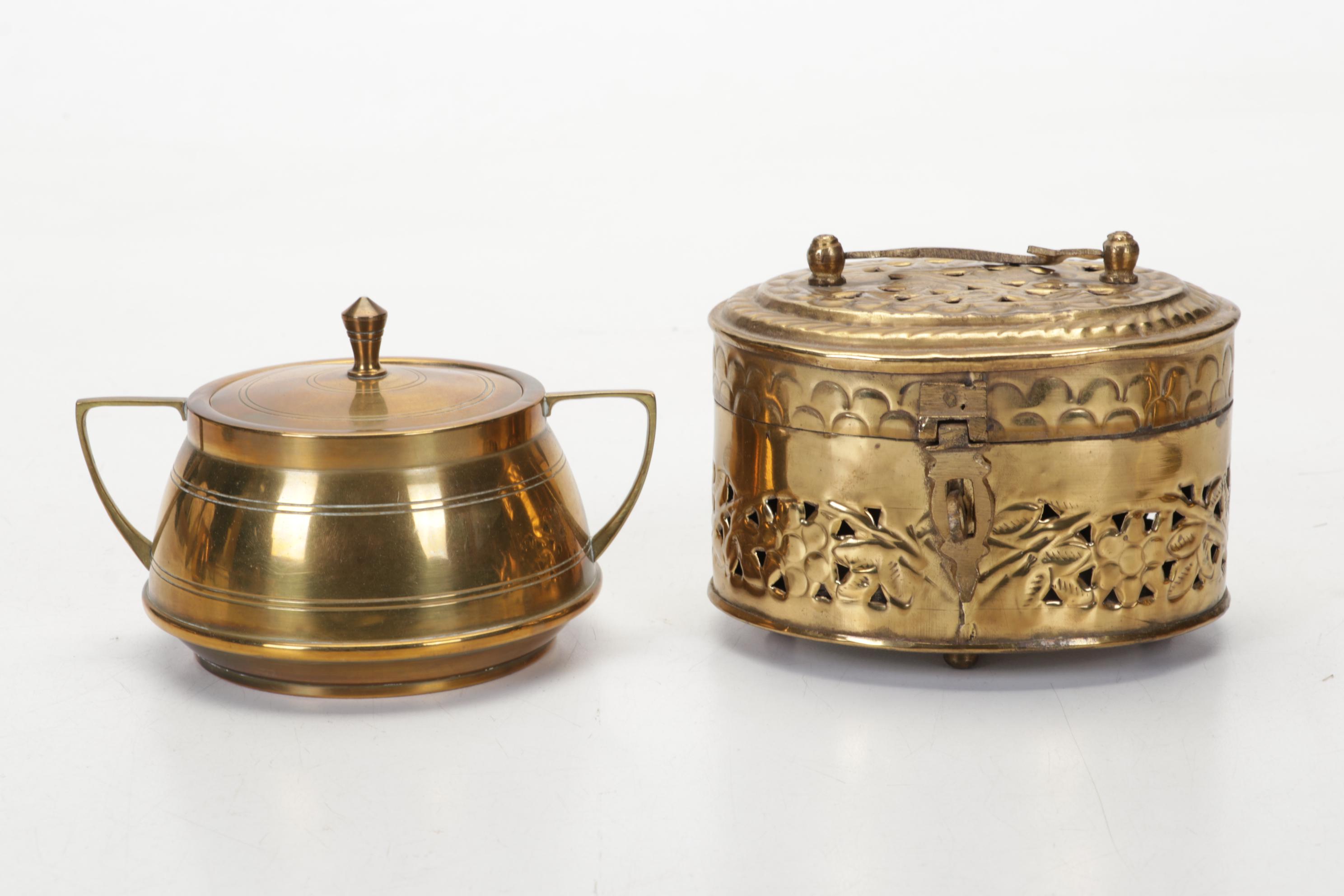 Brass, Copper, Metal Decor Featuring Kettles, Charger and Leather-Handled Epees