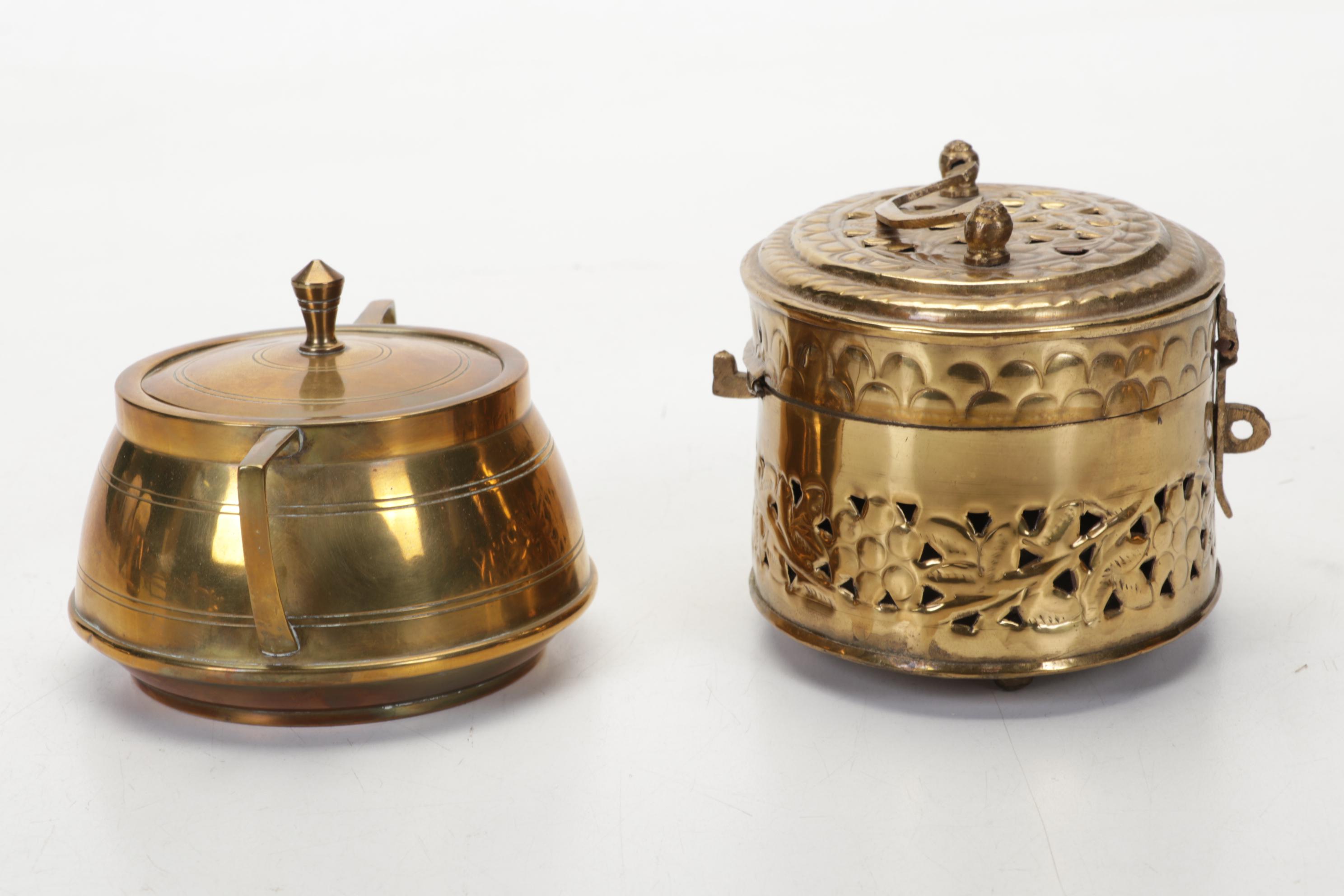 Brass, Copper, Metal Decor Featuring Kettles, Charger and Leather-Handled Epees
