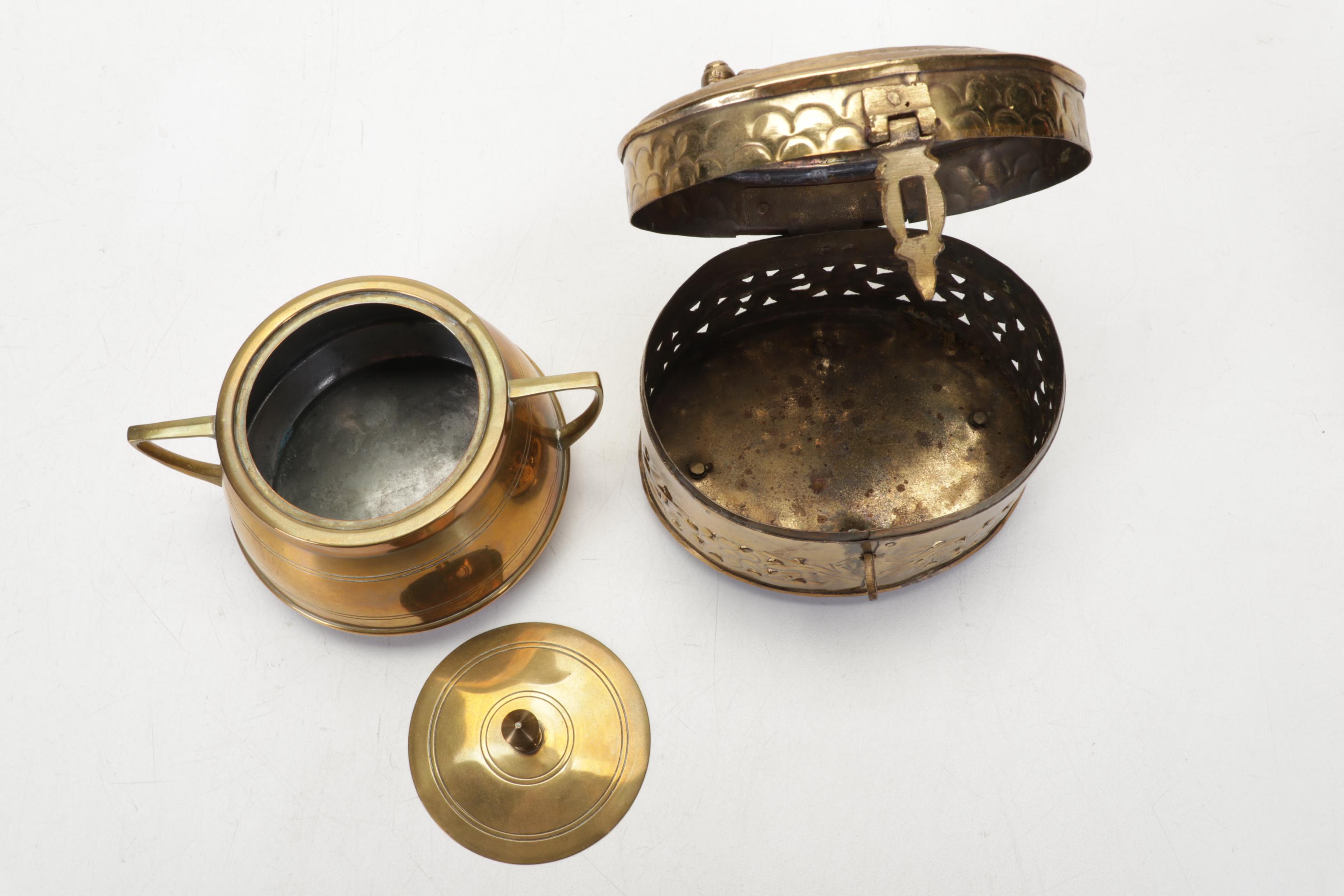 Brass, Copper, Metal Decor Featuring Kettles, Charger and Leather-Handled Epees