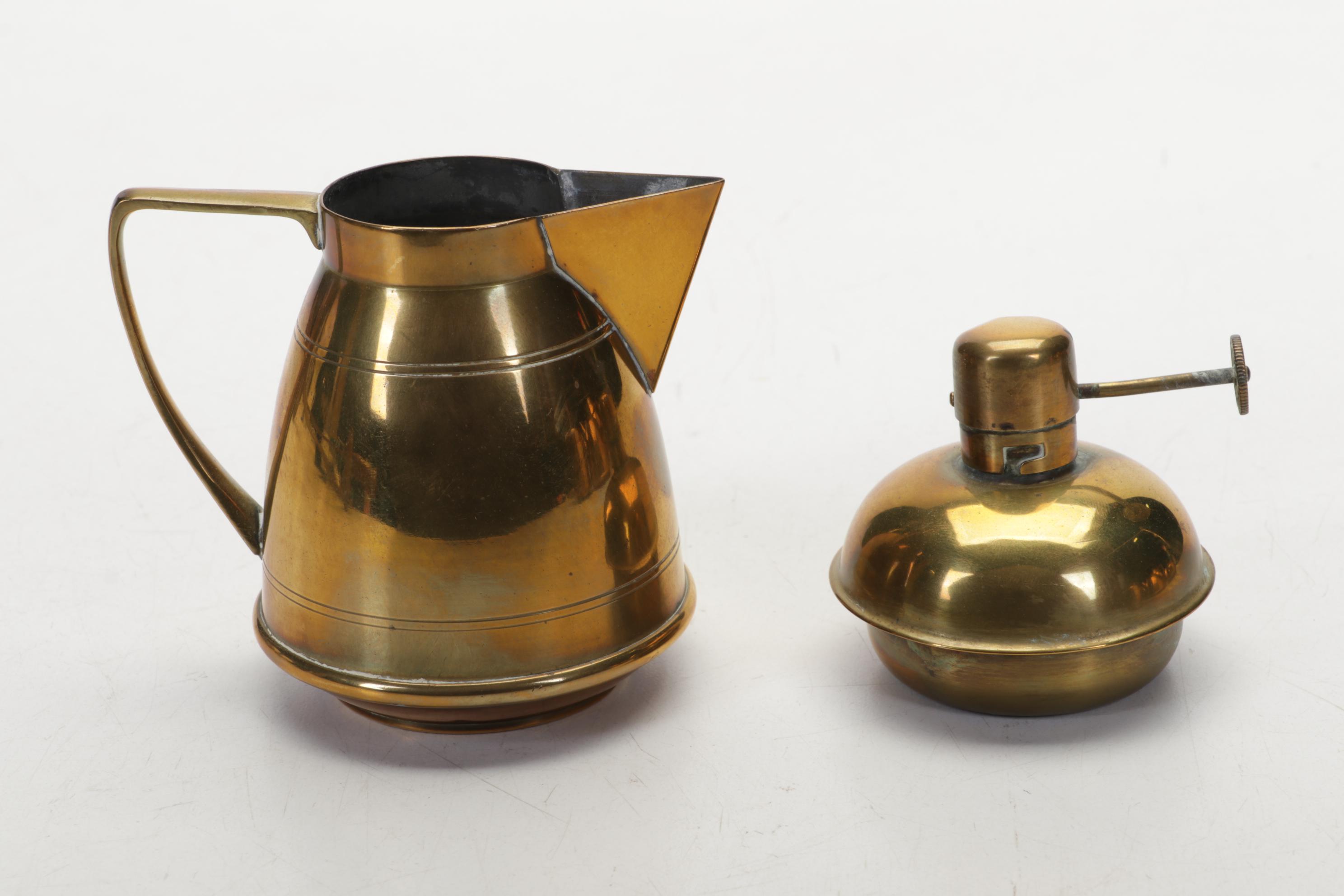 Brass, Copper, Metal Decor Featuring Kettles, Charger and Leather-Handled Epees