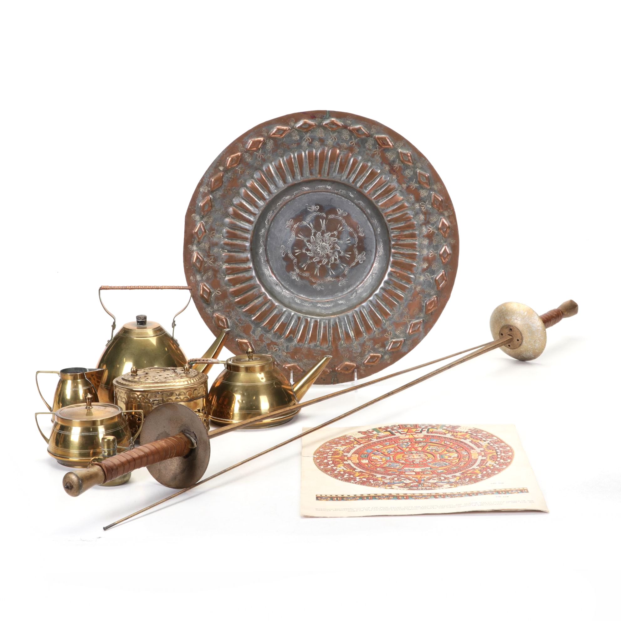 Brass, Copper, Metal Decor Featuring Kettles, Charger and Leather-Handled Epees