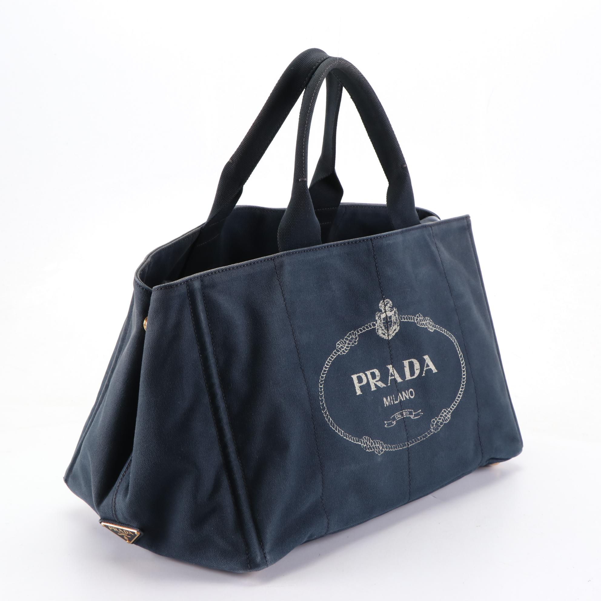 Prada Large Canapa Logo Tote in Navy Canvas