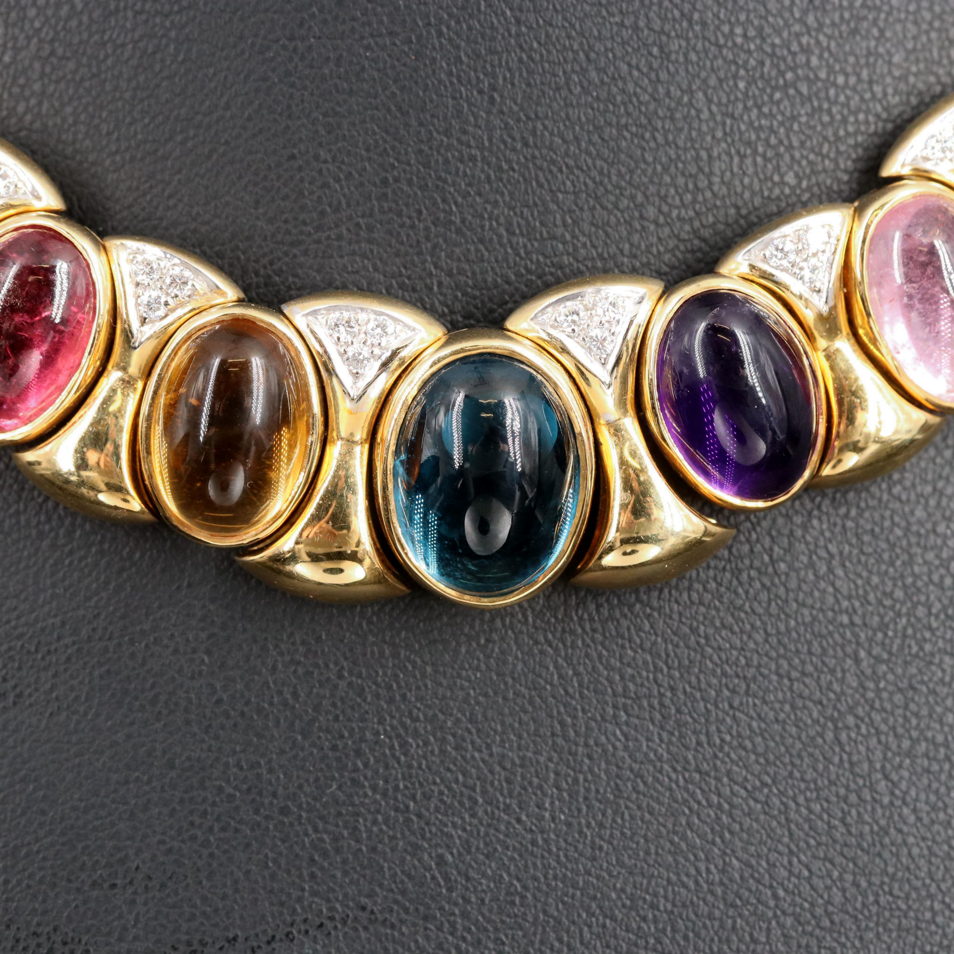 Italian 18K 12.00 CT Topaz, Amethyst, Diamond and Gemstone Collar Necklace