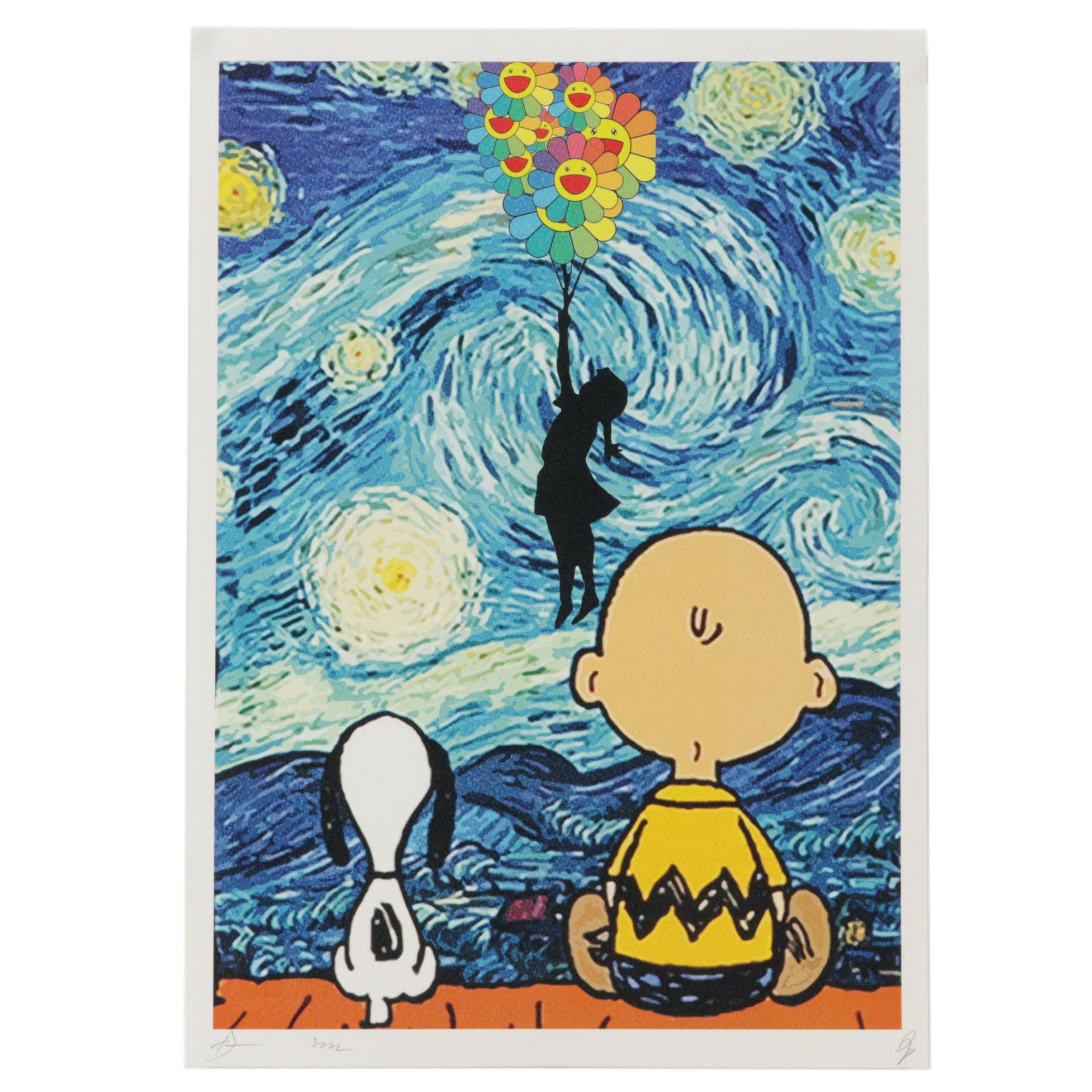 Death NYC Pop Art Graphic Print of Charlie Brown and Snoopy with Starry Night