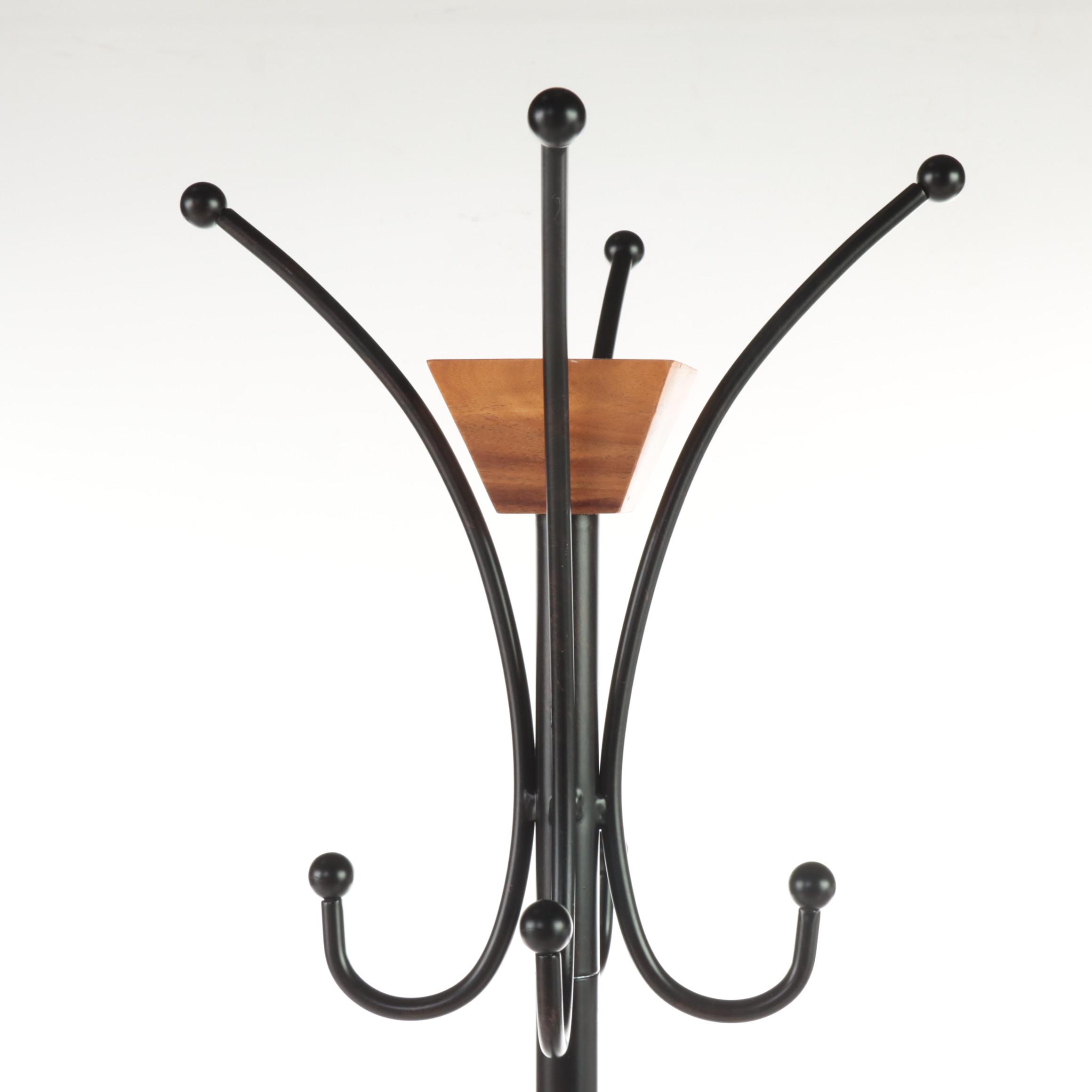 Black Powder-Coated Metal and Hardwood Hall Tree with Umbrella Stand