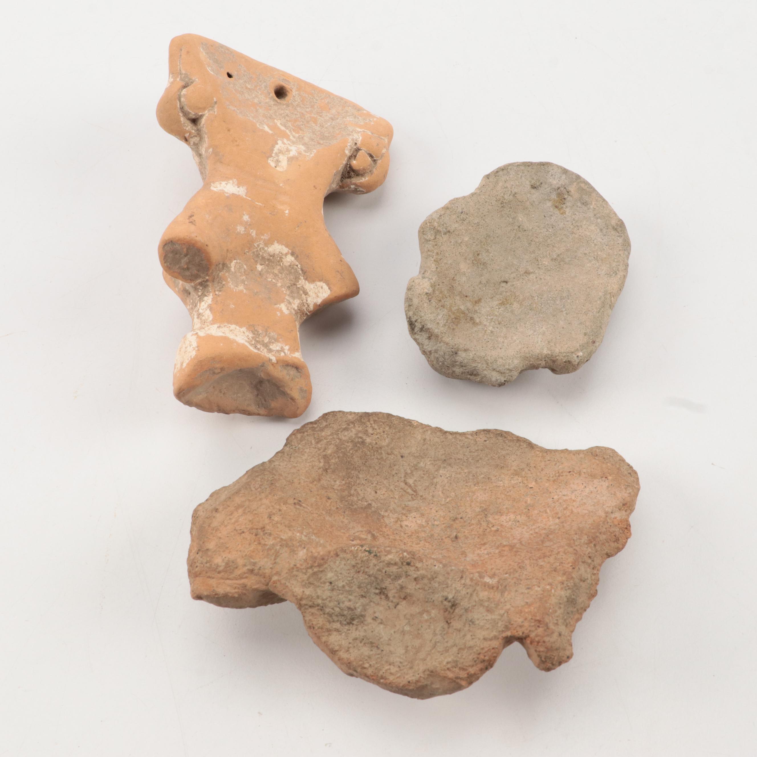 Pre-Columbian Mayan Clay Idol Heads and Idol Pendant, Circa 100 BCE–600 CE