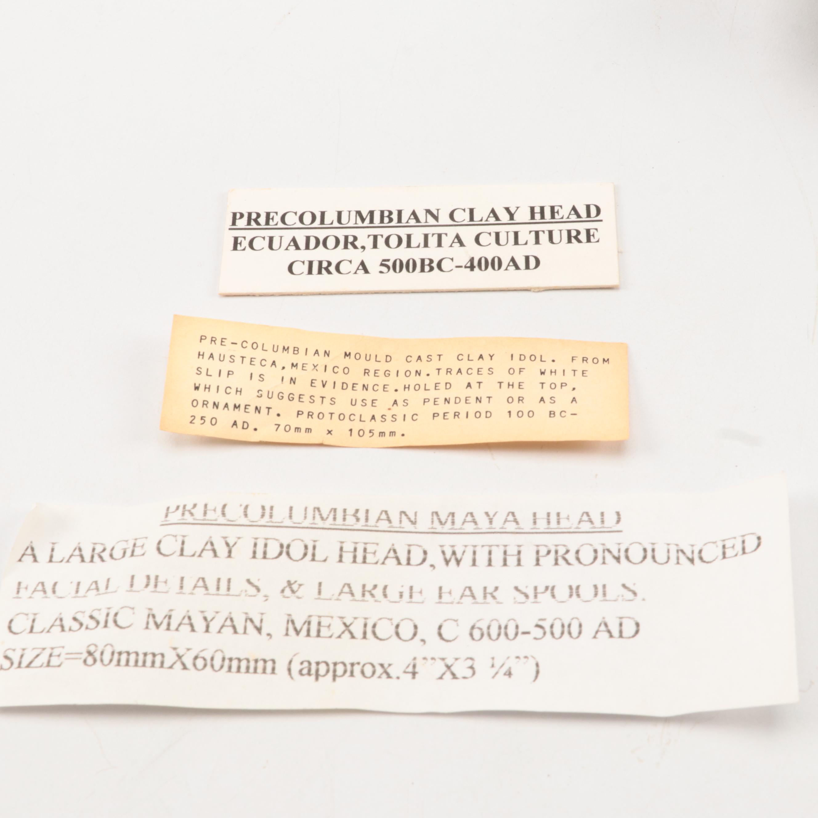 Pre-Columbian Mayan Clay Idol Heads and Idol Pendant, Circa 100 BCE–600 CE