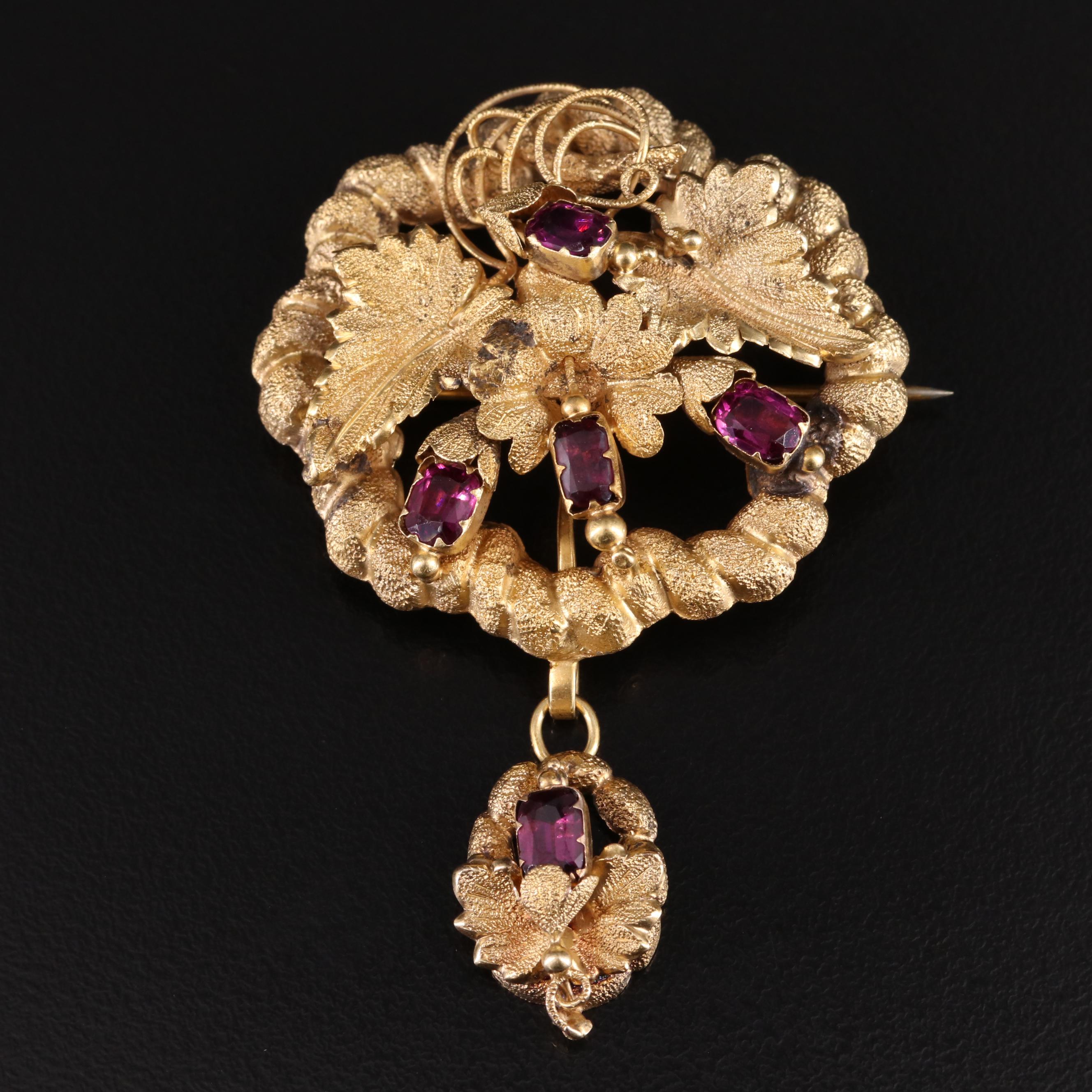 Victorian 14K Garnet Floral Watch Fob Brooch