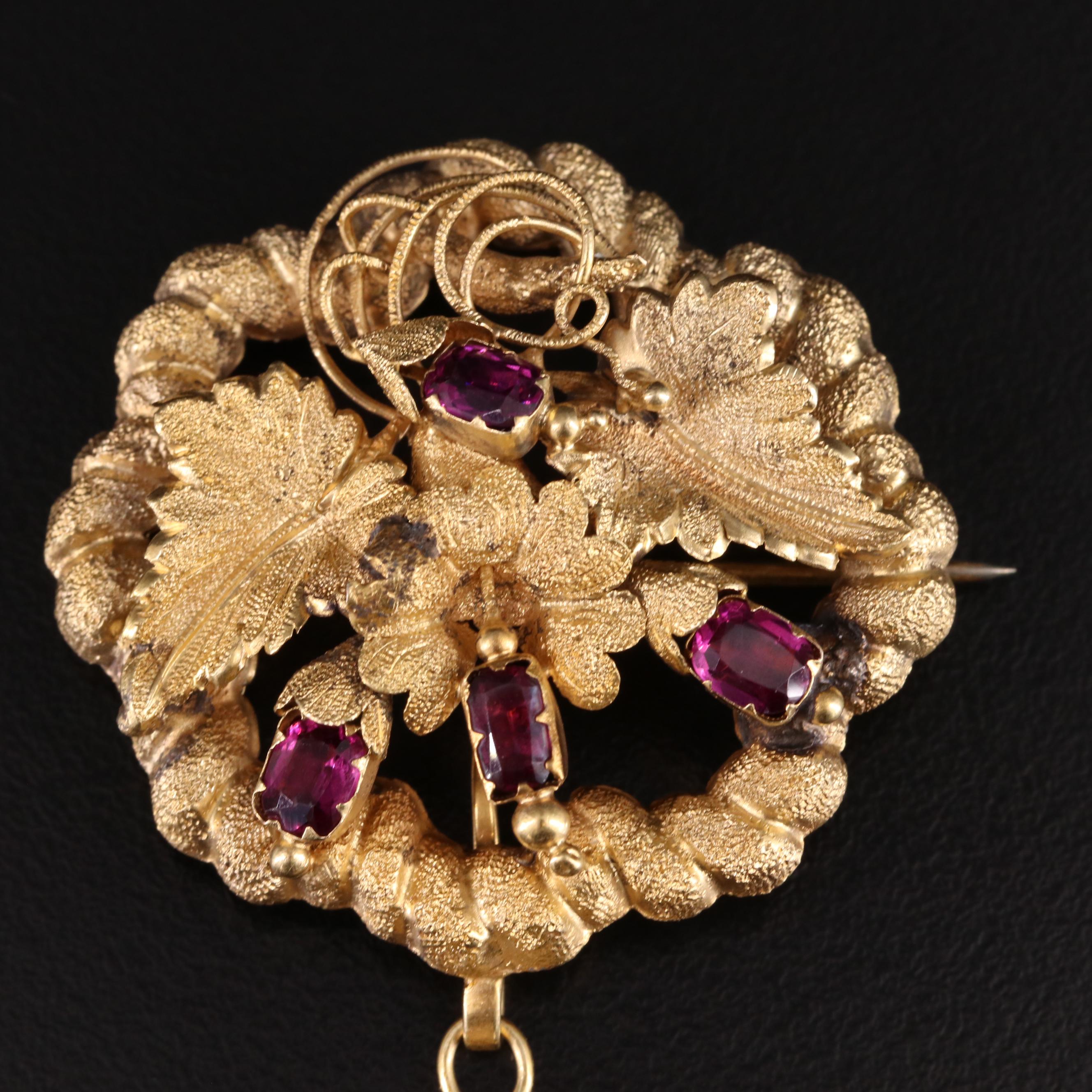 Victorian 14K Garnet Floral Watch Fob Brooch