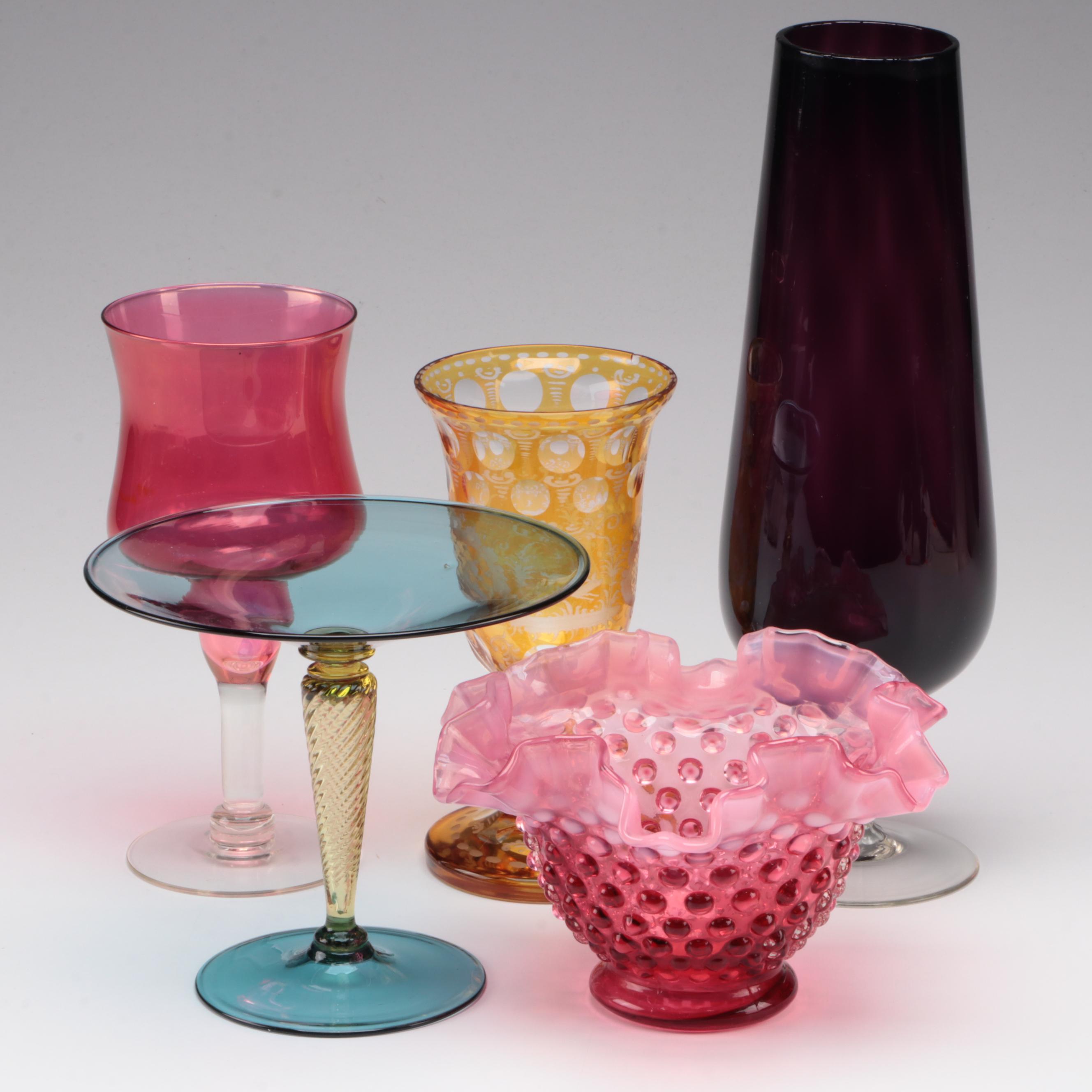 Fenton Hobnail Glass Candy Dish with Art Glass Vase and Other Table Accessories