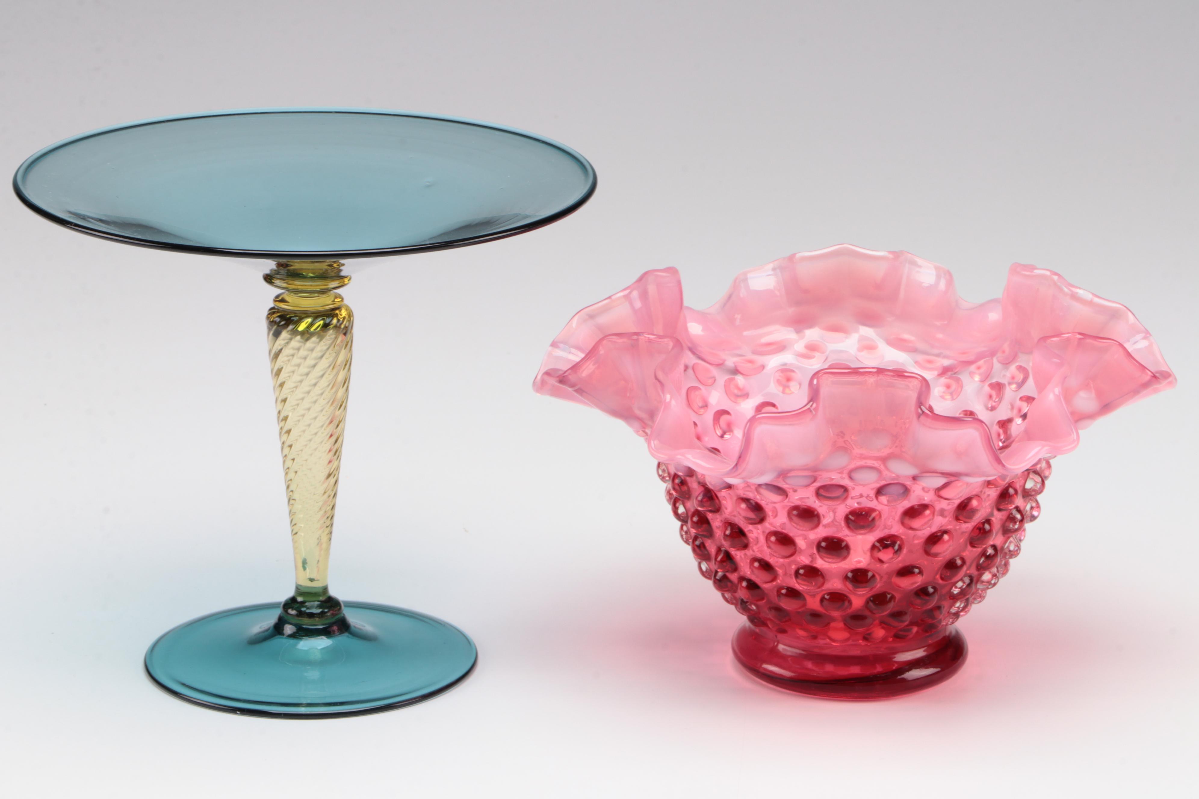 Fenton Hobnail Glass Candy Dish with Art Glass Vase and Other Table Accessories