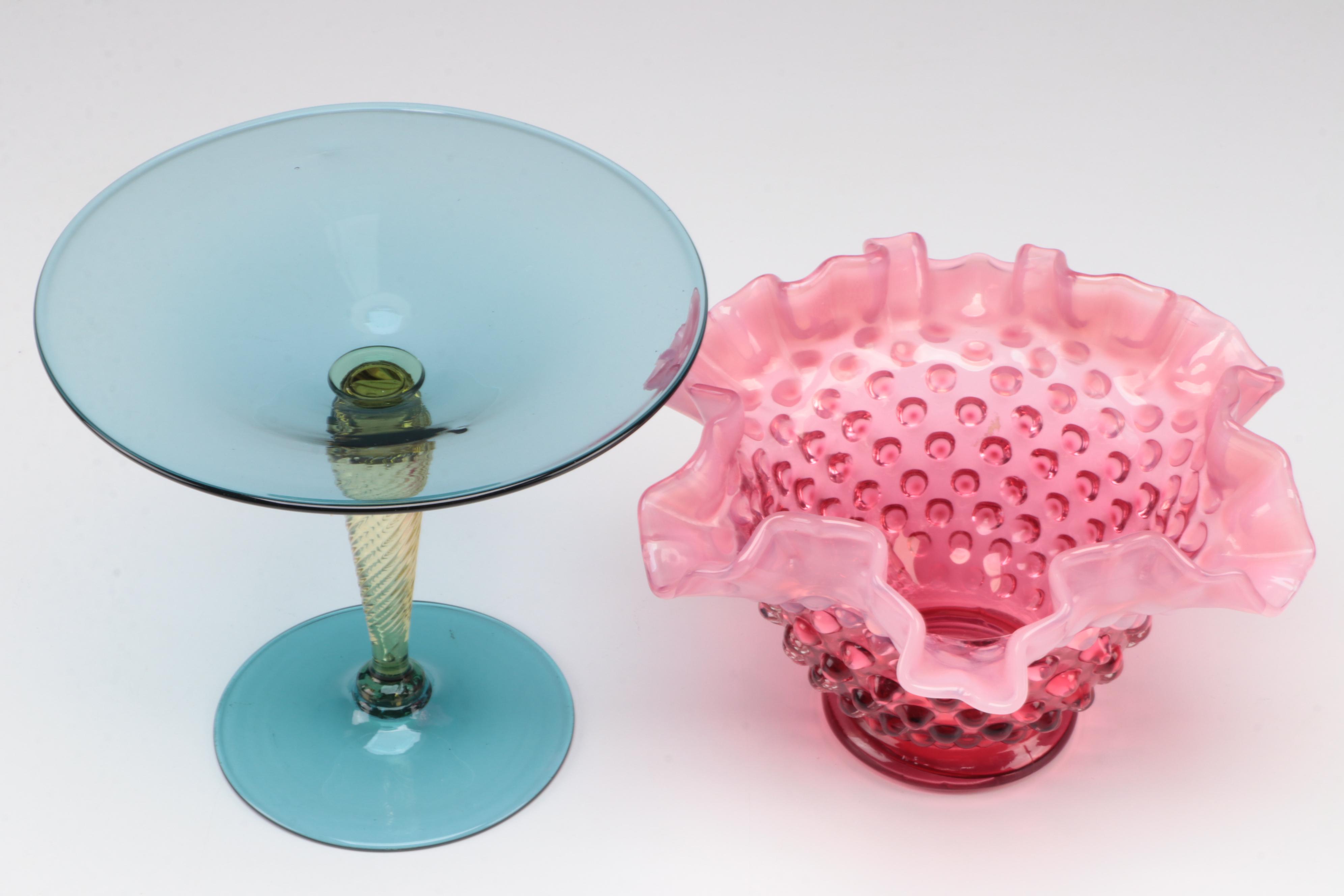 Fenton Hobnail Glass Candy Dish with Art Glass Vase and Other Table Accessories