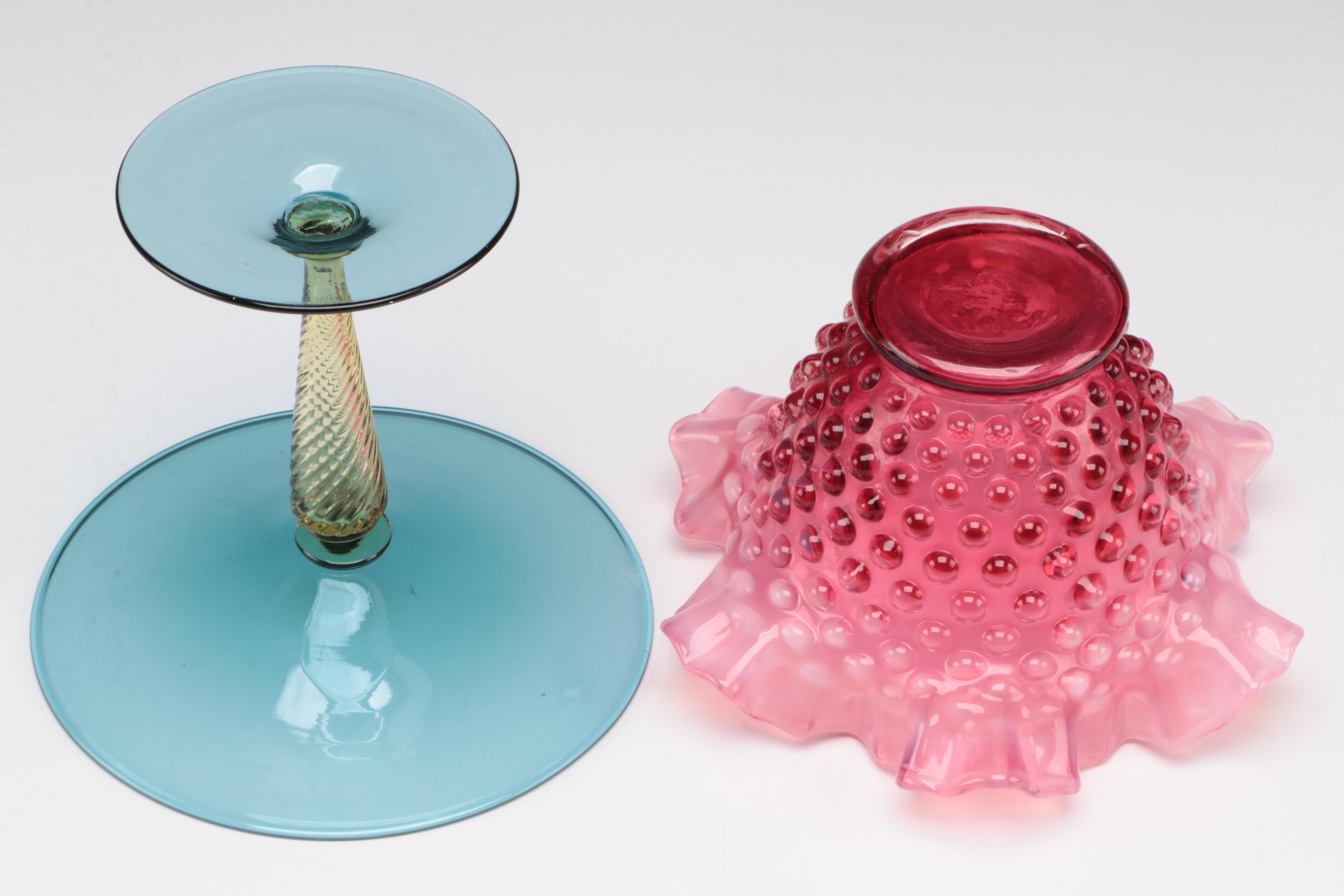 Fenton Hobnail Glass Candy Dish with Art Glass Vase and Other Table Accessories