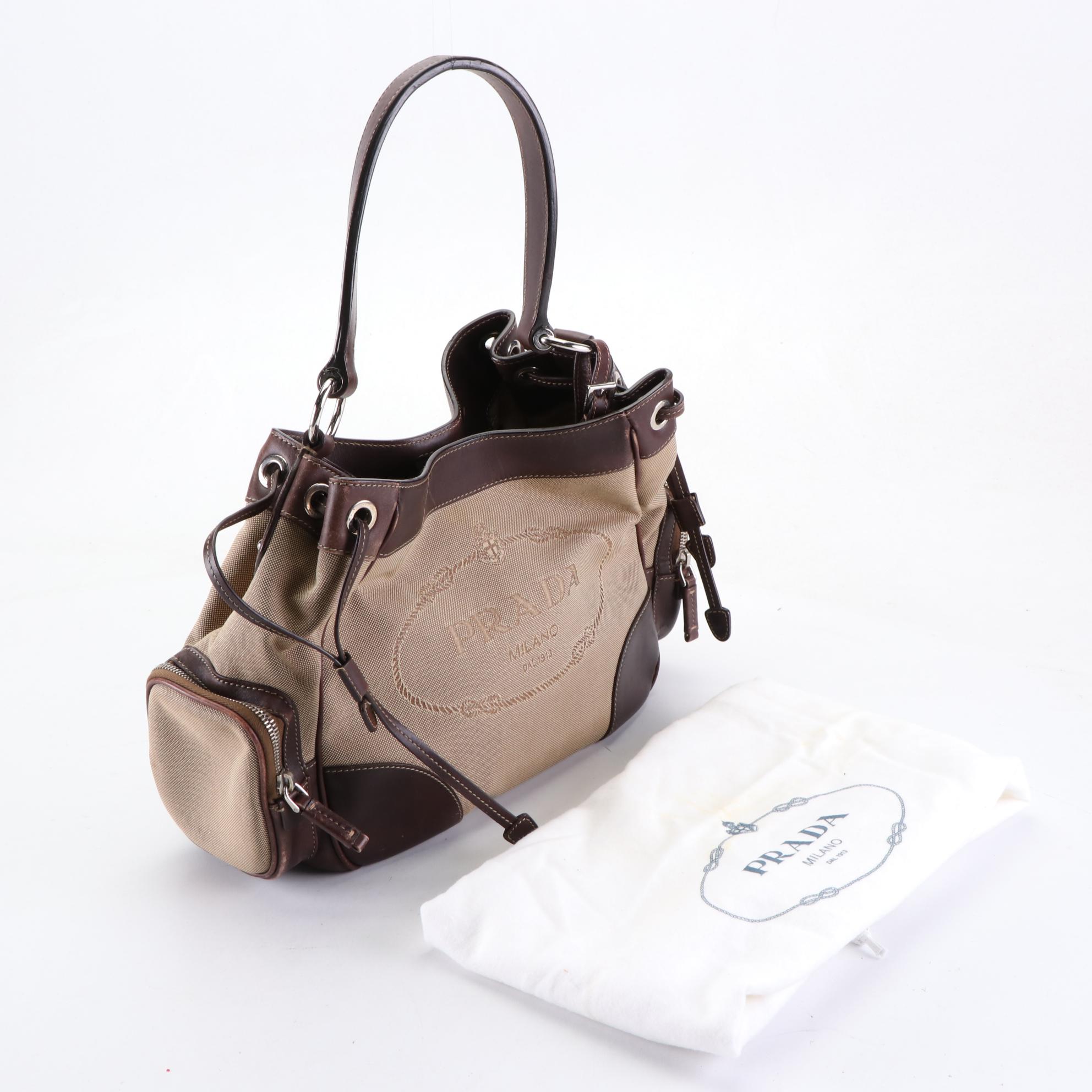 Prada Logo Shoulder Bag in Canapa Canvas and Leather