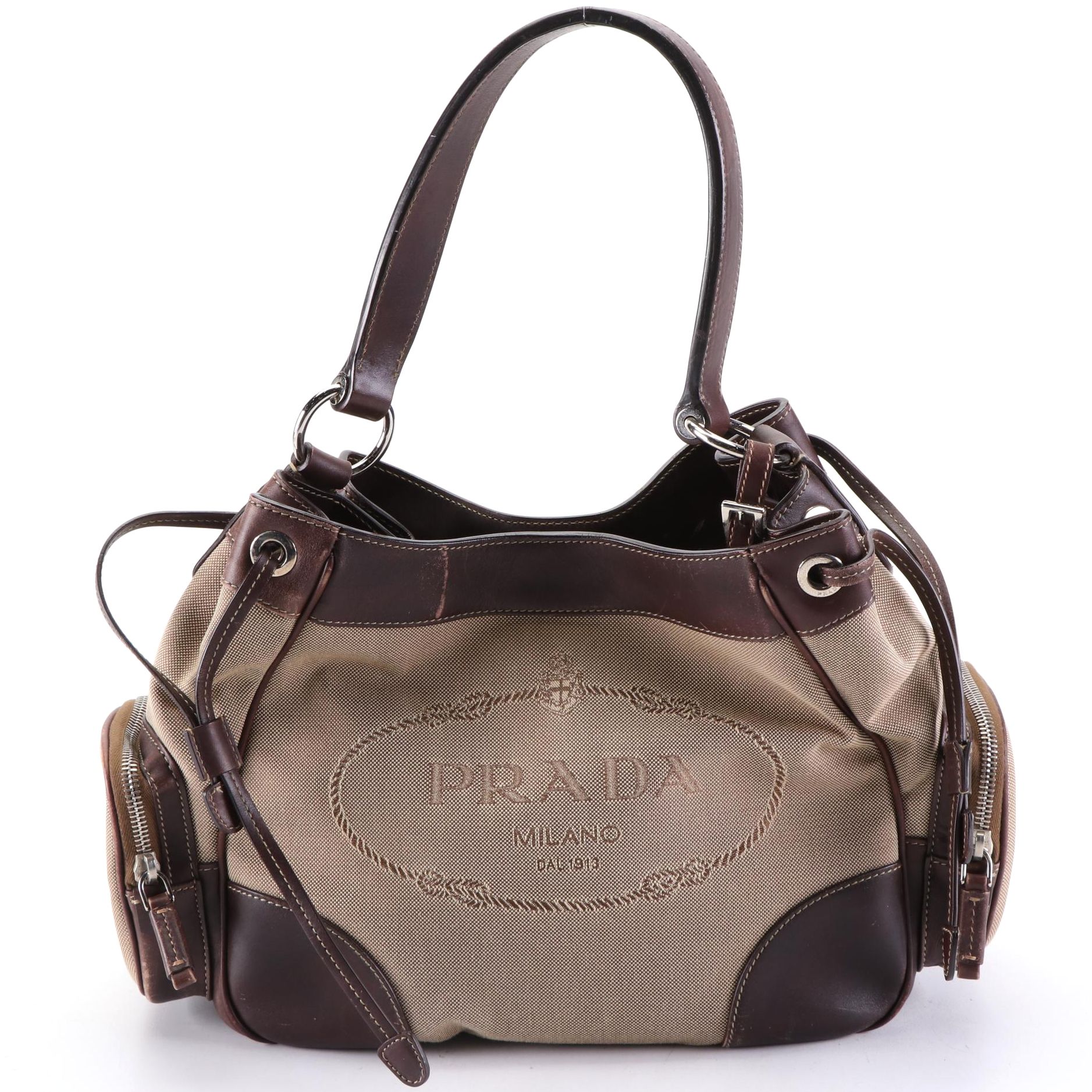 Prada Logo Shoulder Bag in Canapa Canvas and Leather