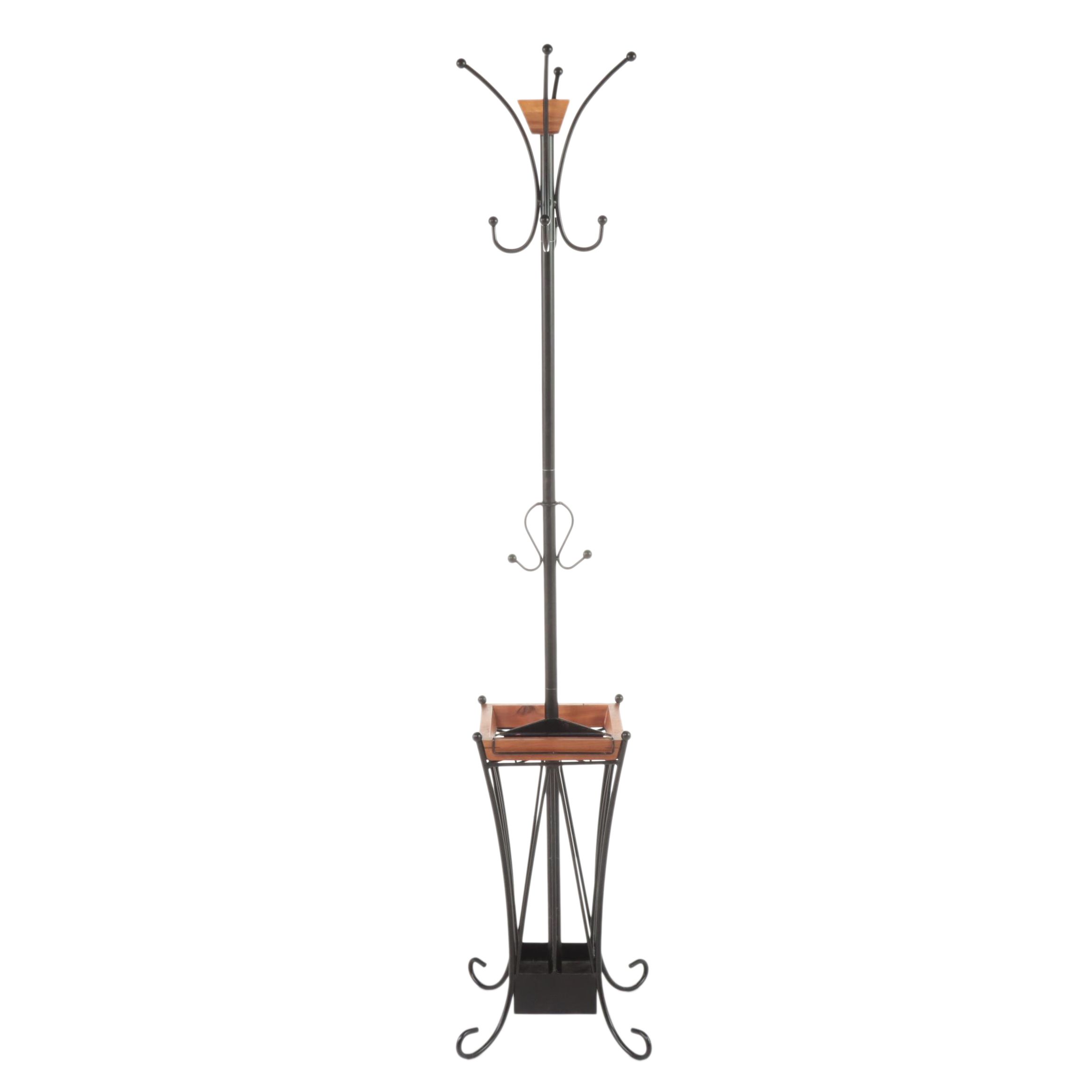 Black Powder-Coated Metal and Hardwood Hall Tree with Umbrella Stand