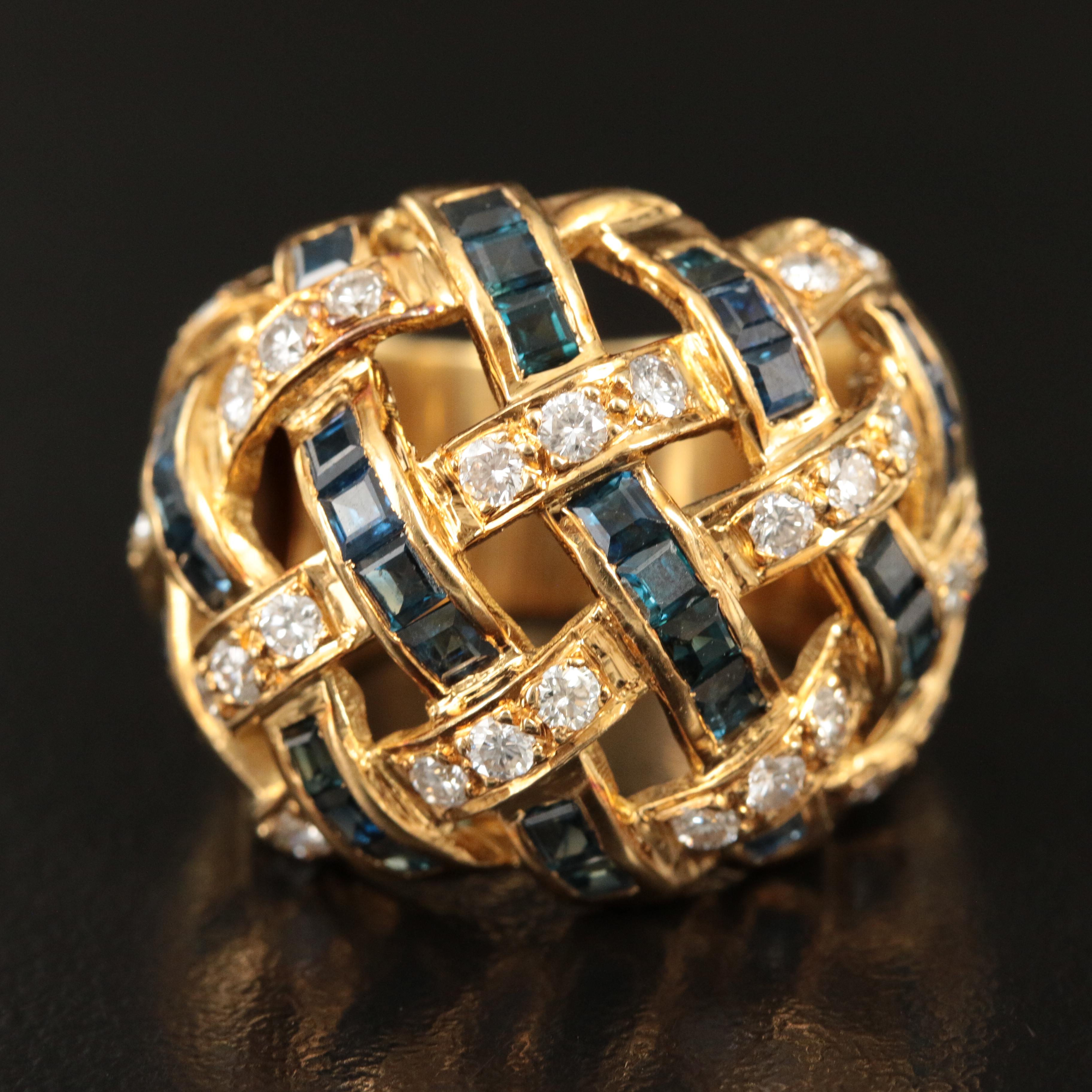 18K Diamond and Sapphire Basketweave Ring