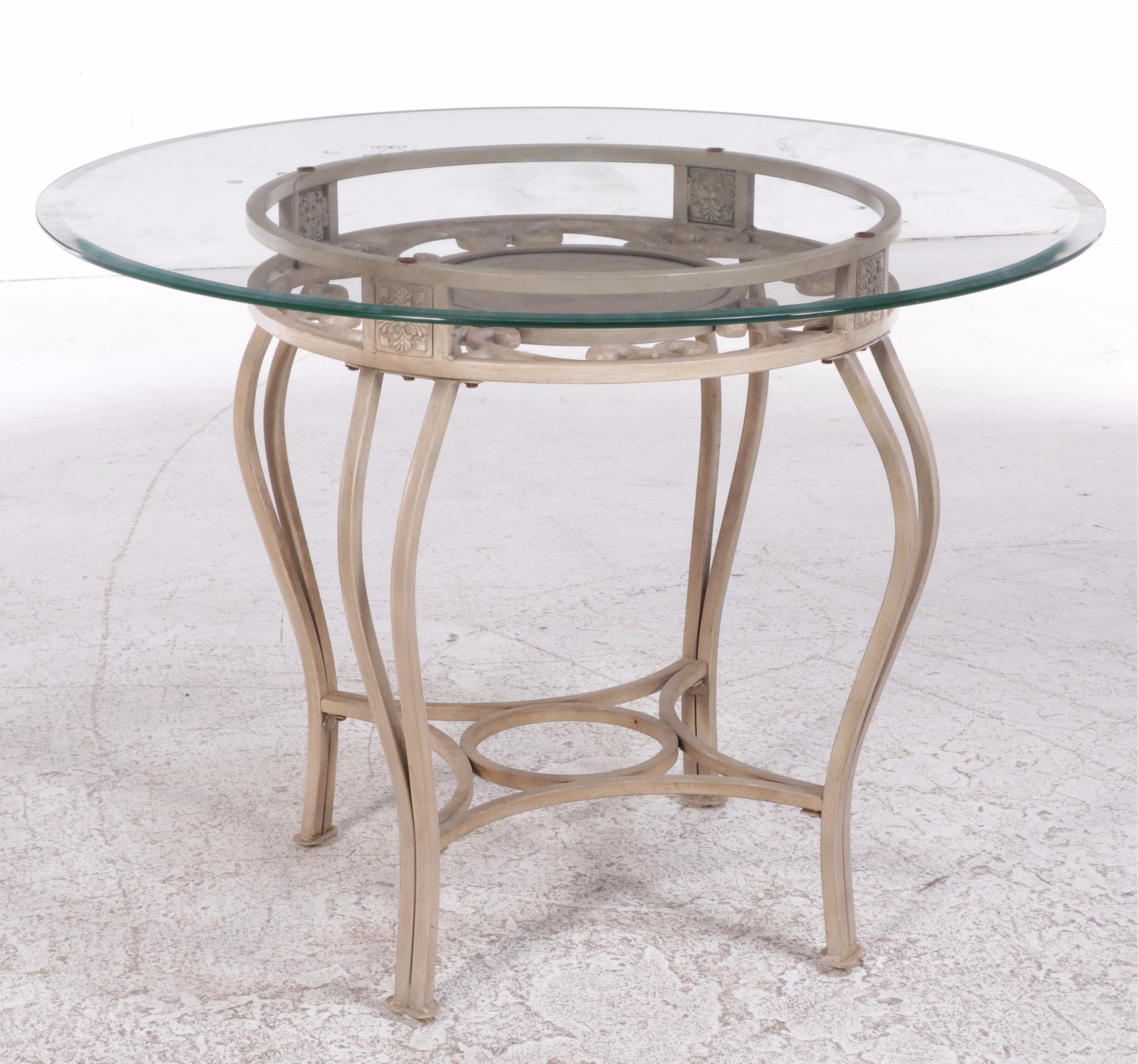 Carven Glass Top Scrolled Metal Dining Table and Four Chairs